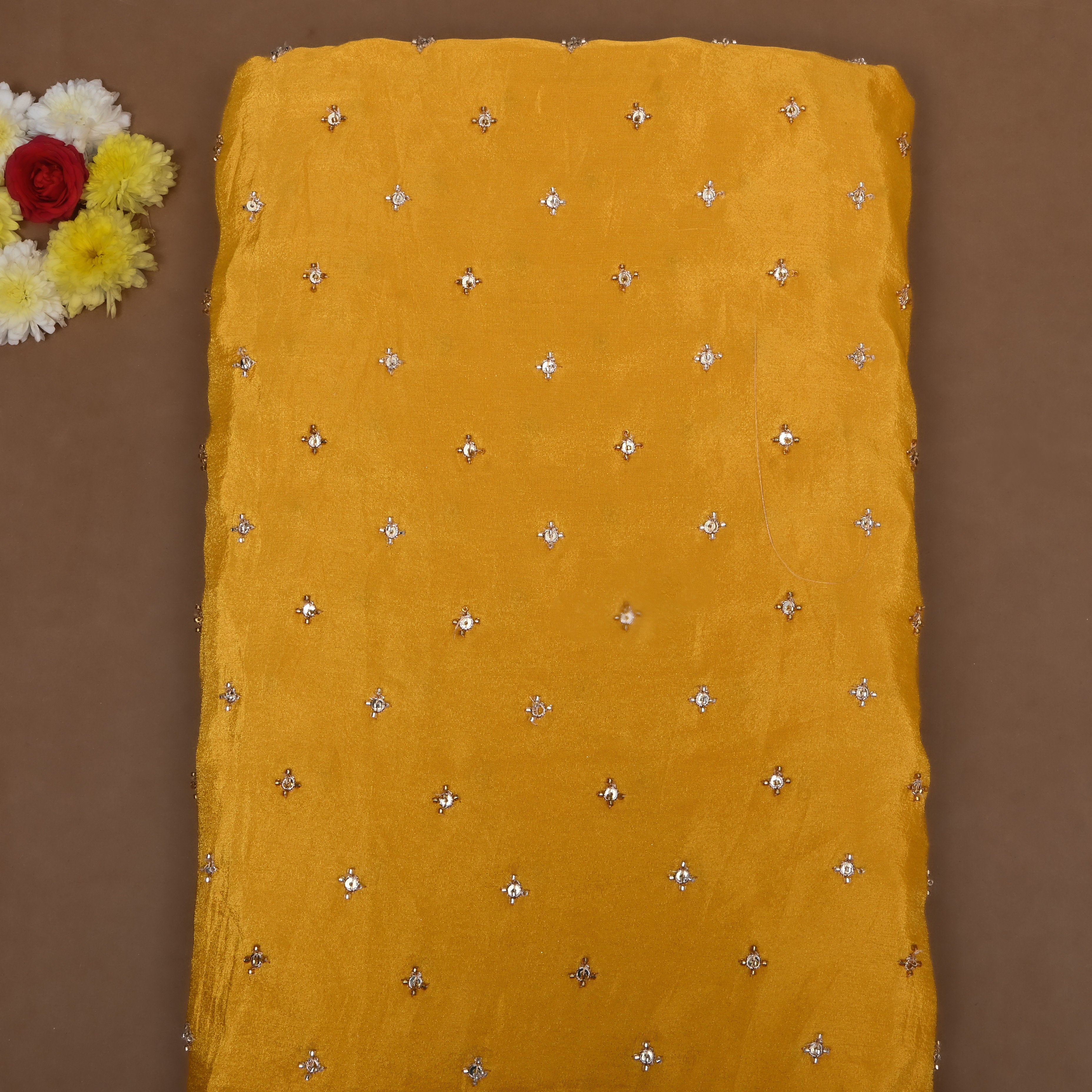 Golden Yellow Bead Work Tissue Fabric