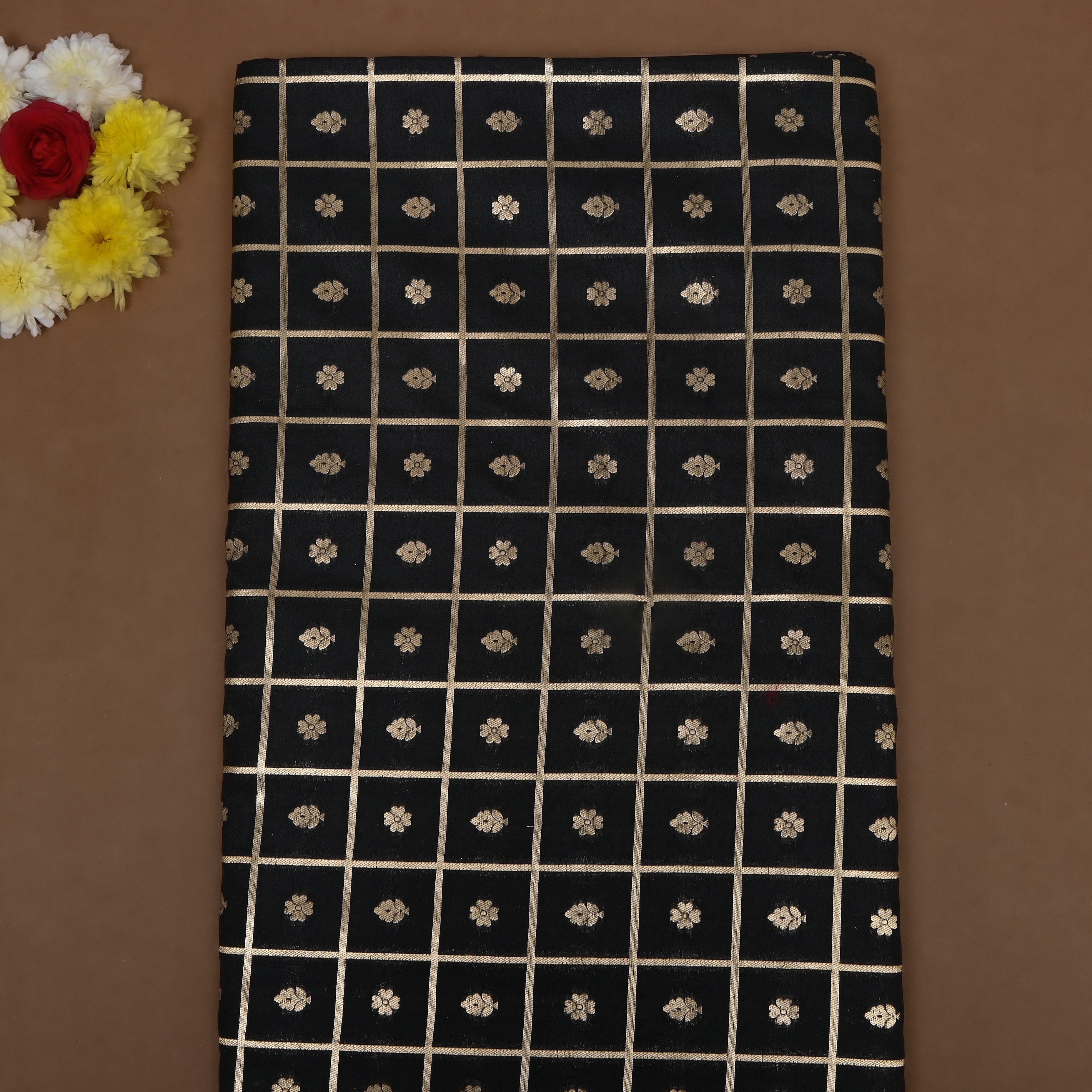 Black Floral Zari Jamawar Silk Fabric