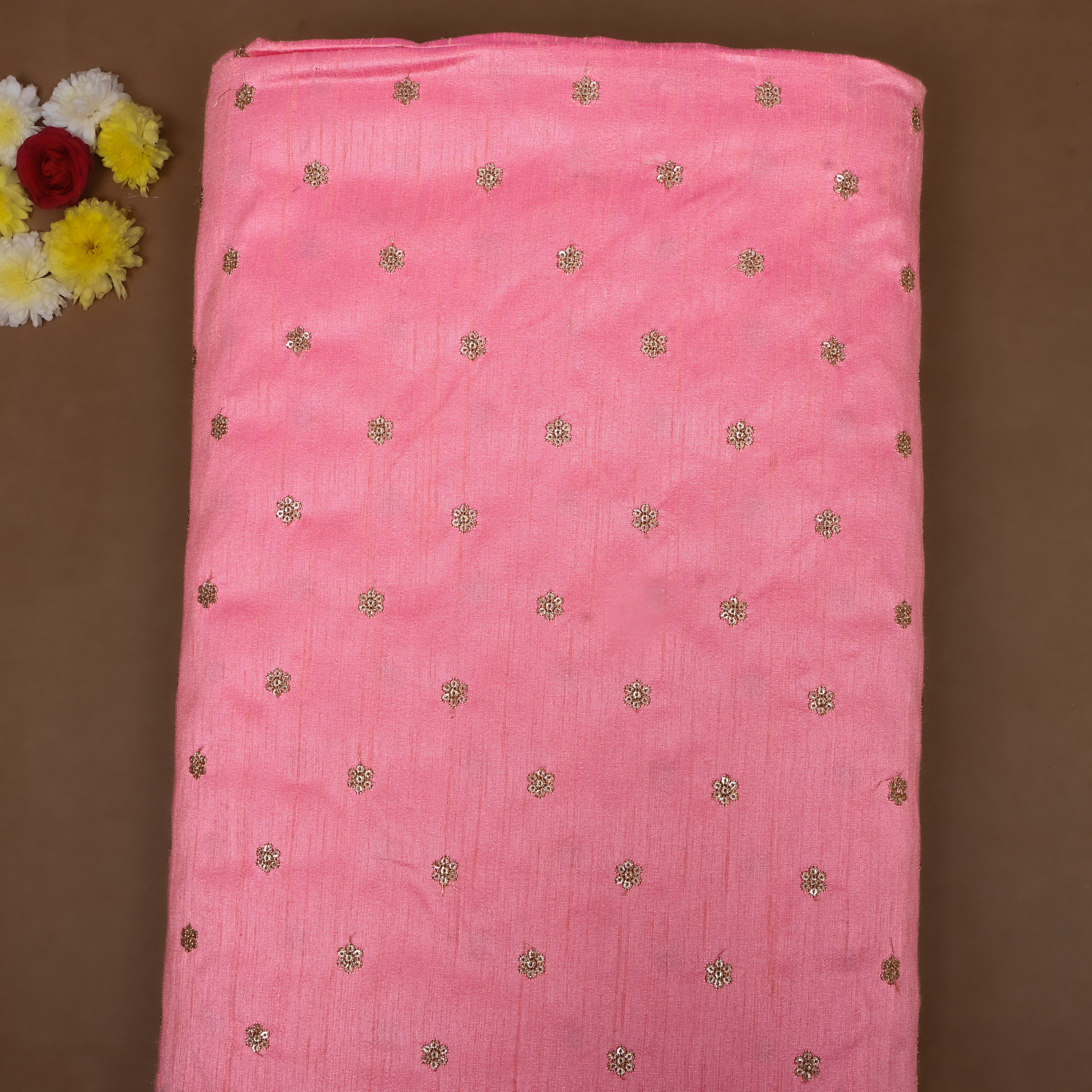 Neon Pink Zari Embroidered Tissue Fabric