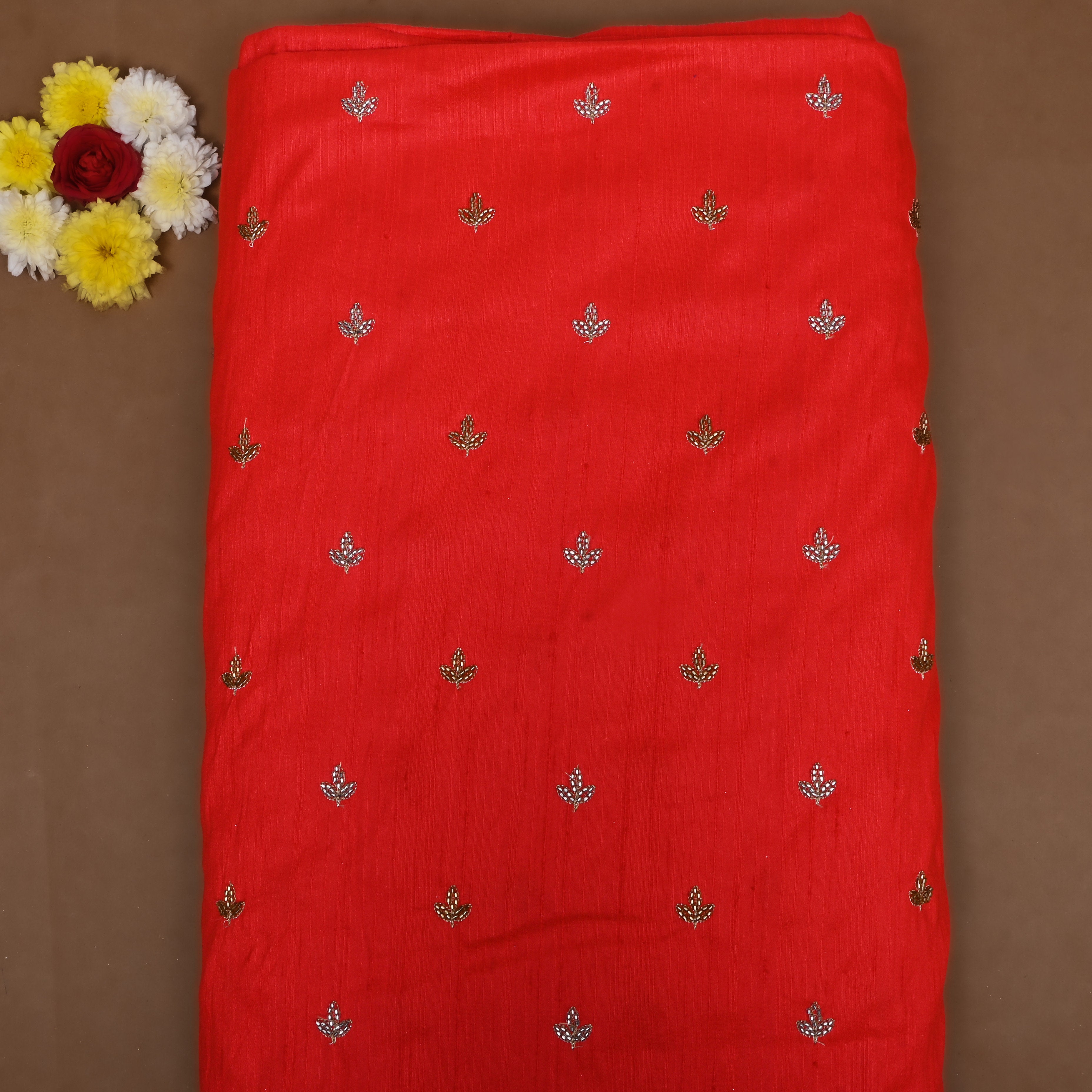 Bright Red Floral Embroidered Dupion Silk Fabric