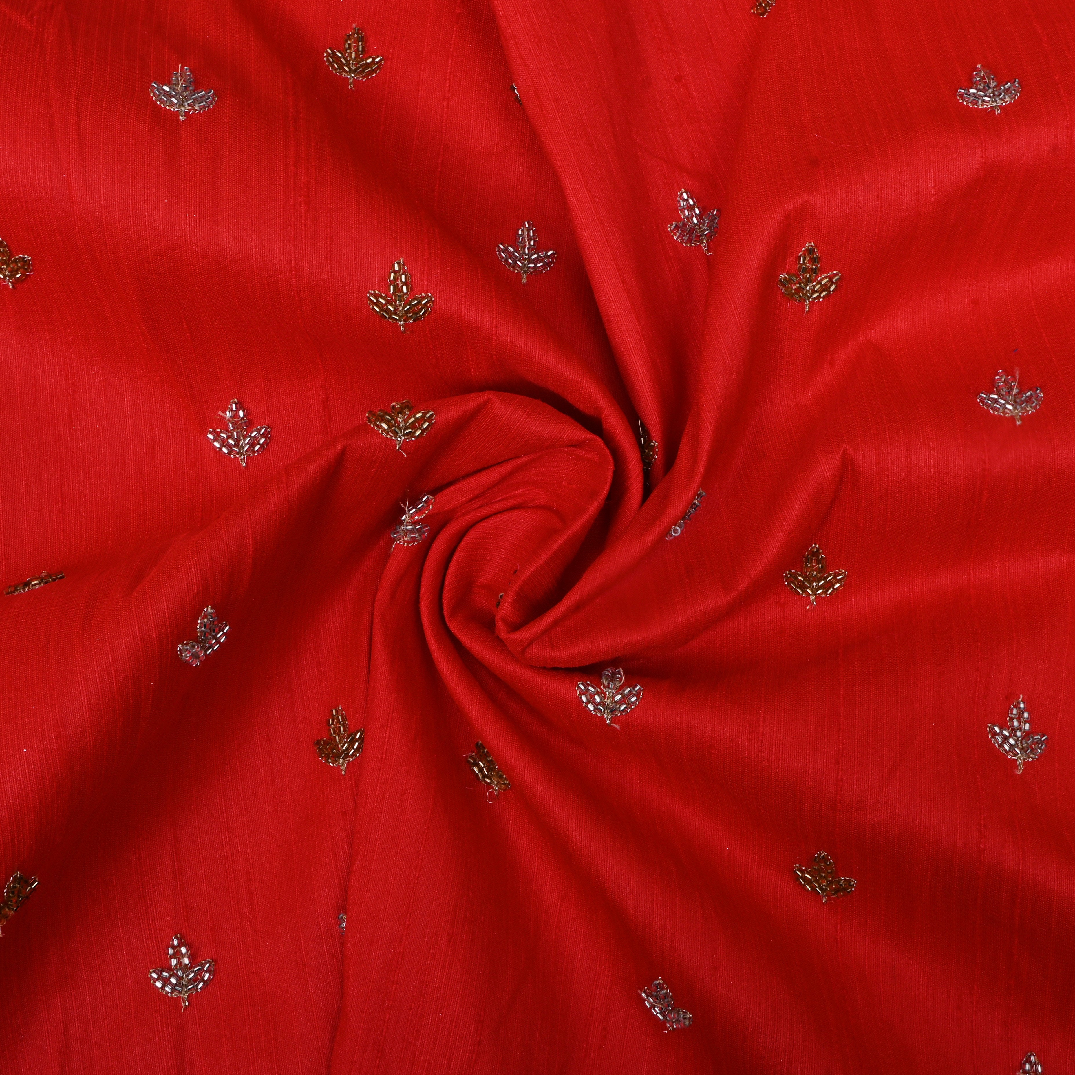 Bright Red Floral Embroidered Dupion Silk Fabric