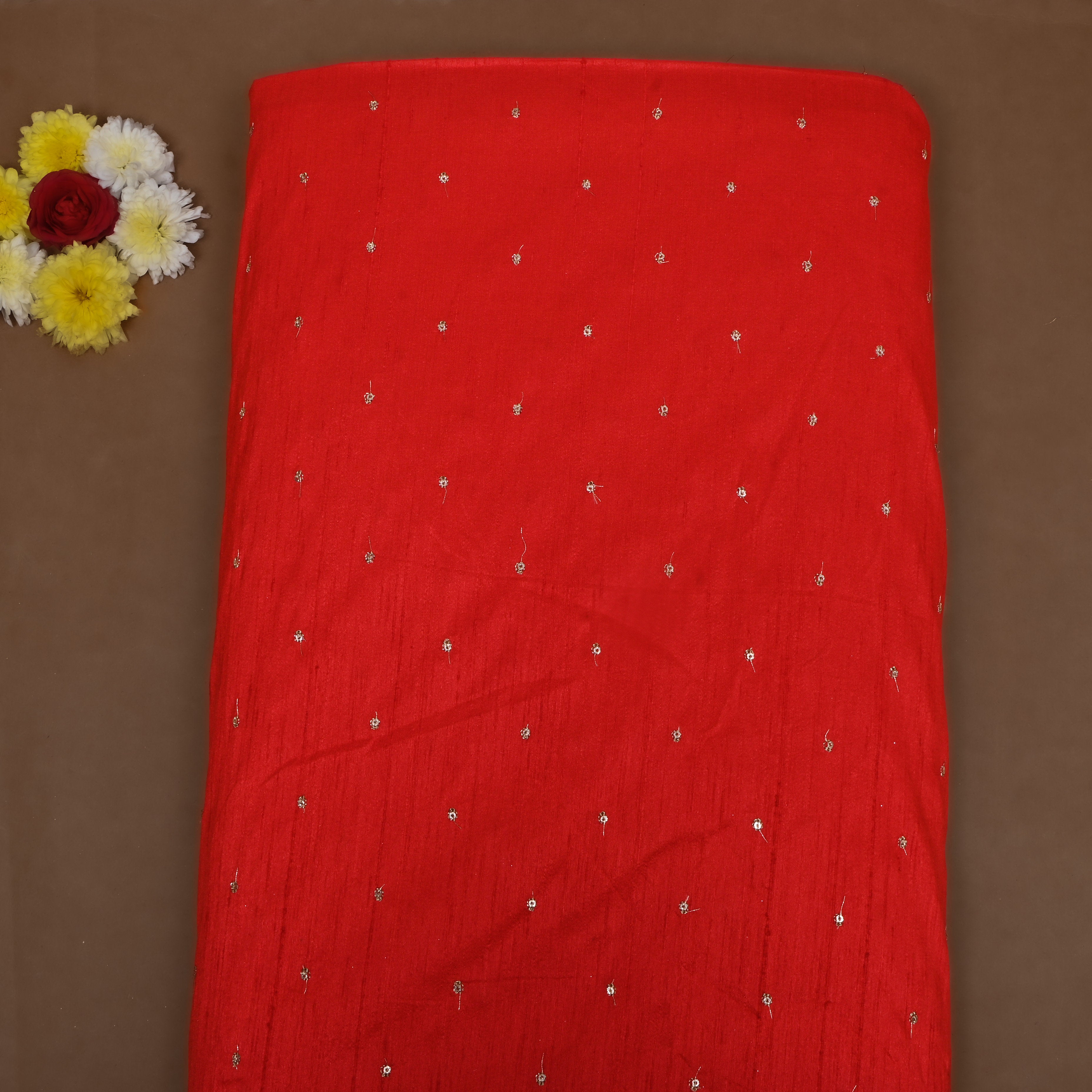Bright Red Zari Embroidered Dupion Silk Fabric