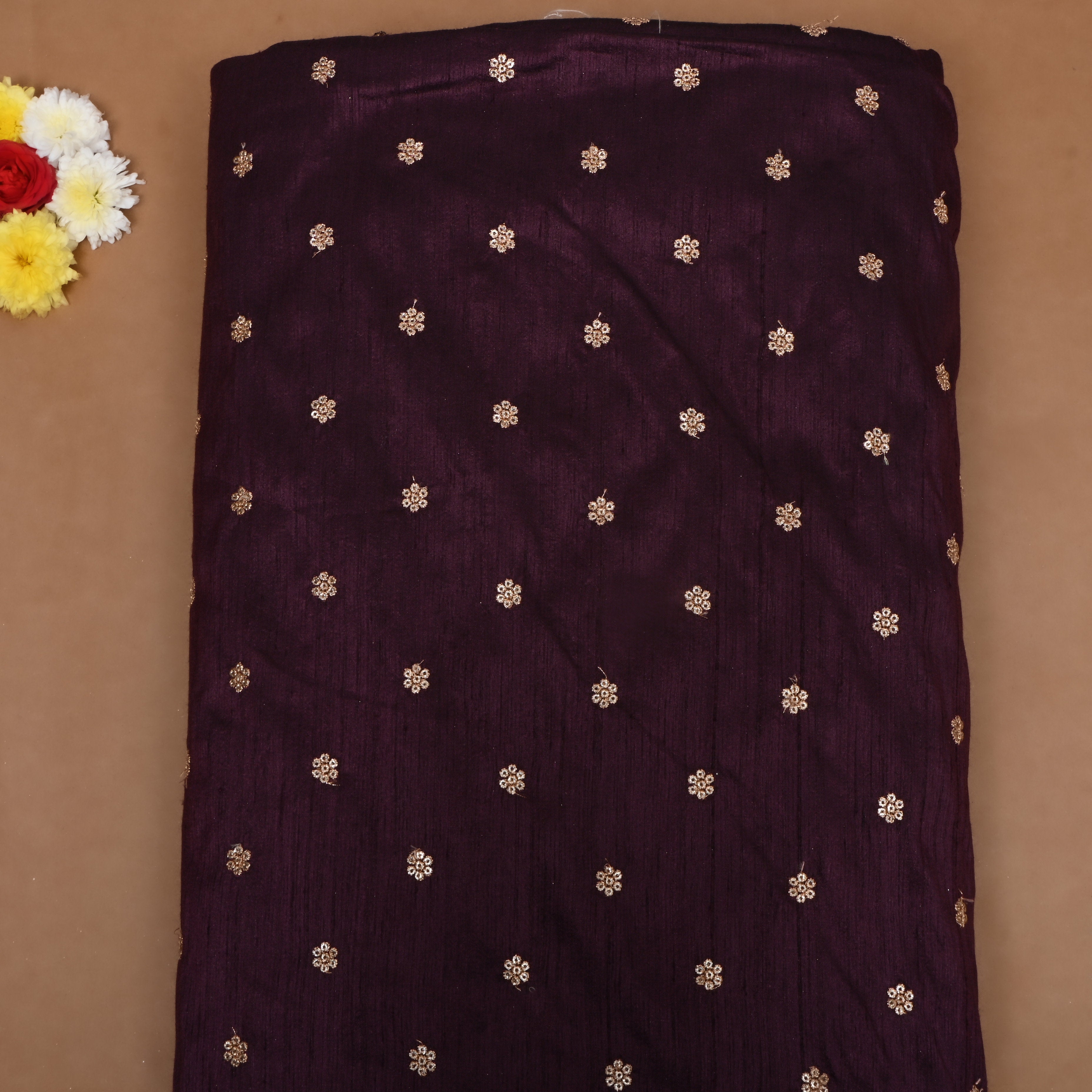 Deep Wine Zari Embroidered Dupion Silk Fabric