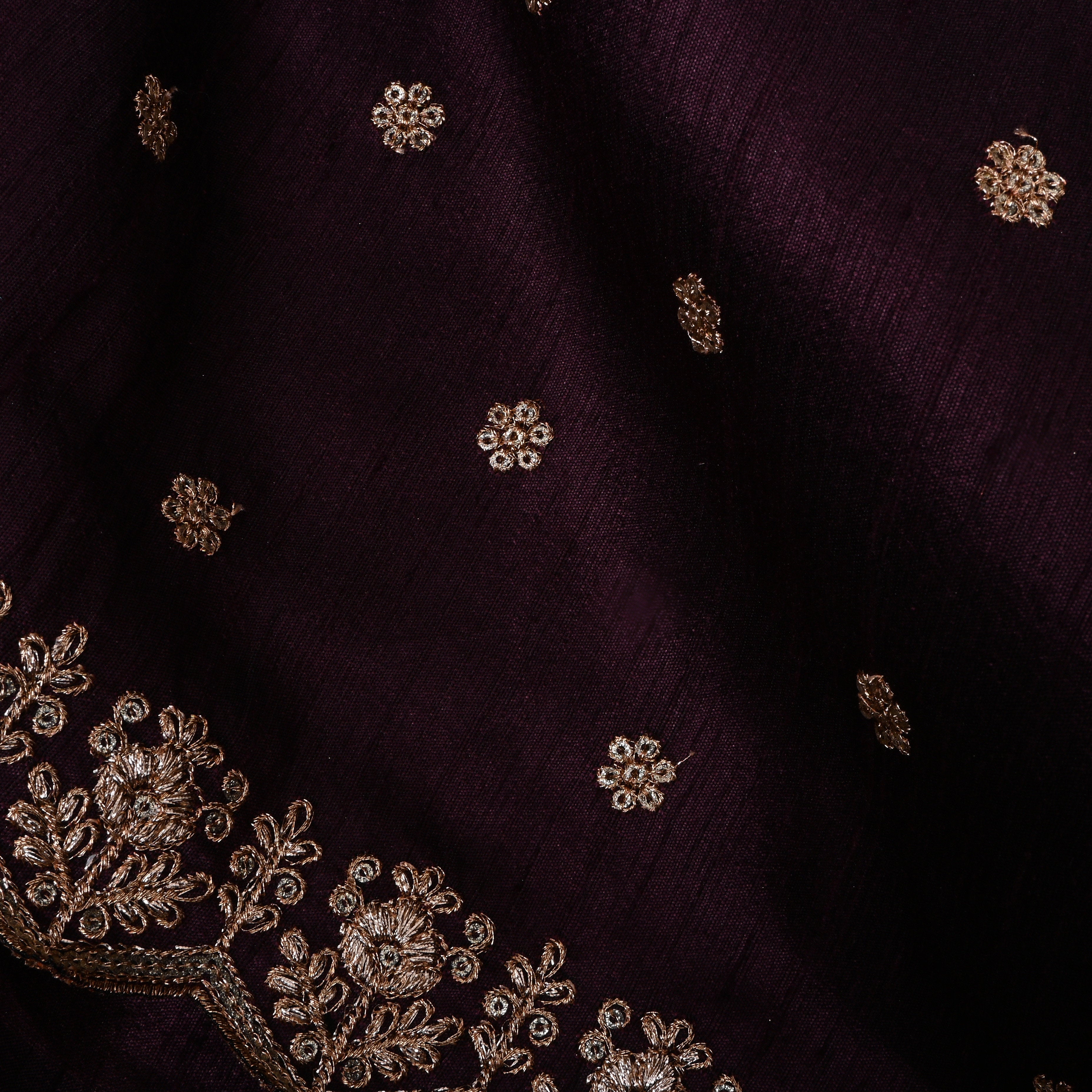 Deep Wine Zari Embroidered Dupion Silk Fabric