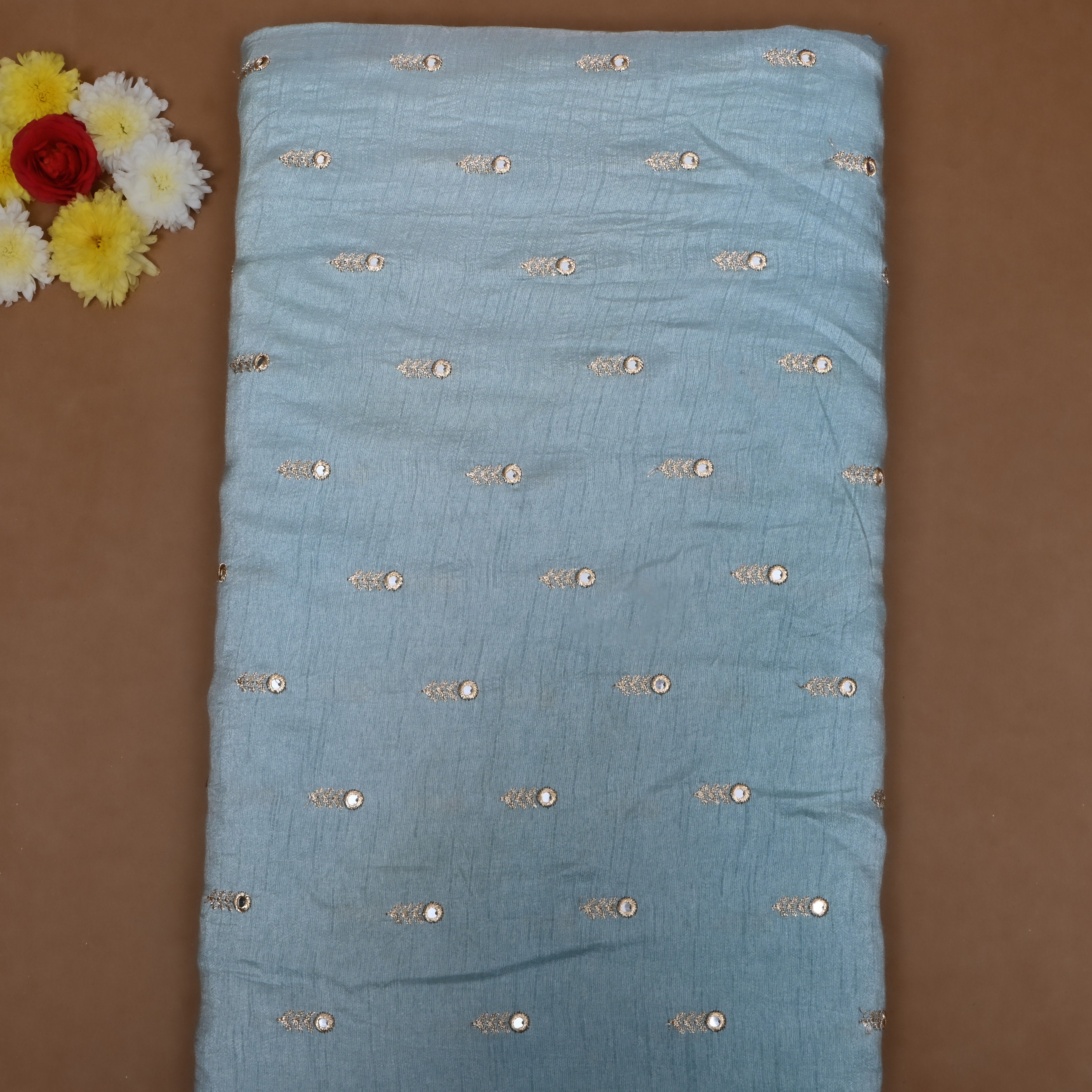 Slate Blue Floral Embroidered Silk Fabric