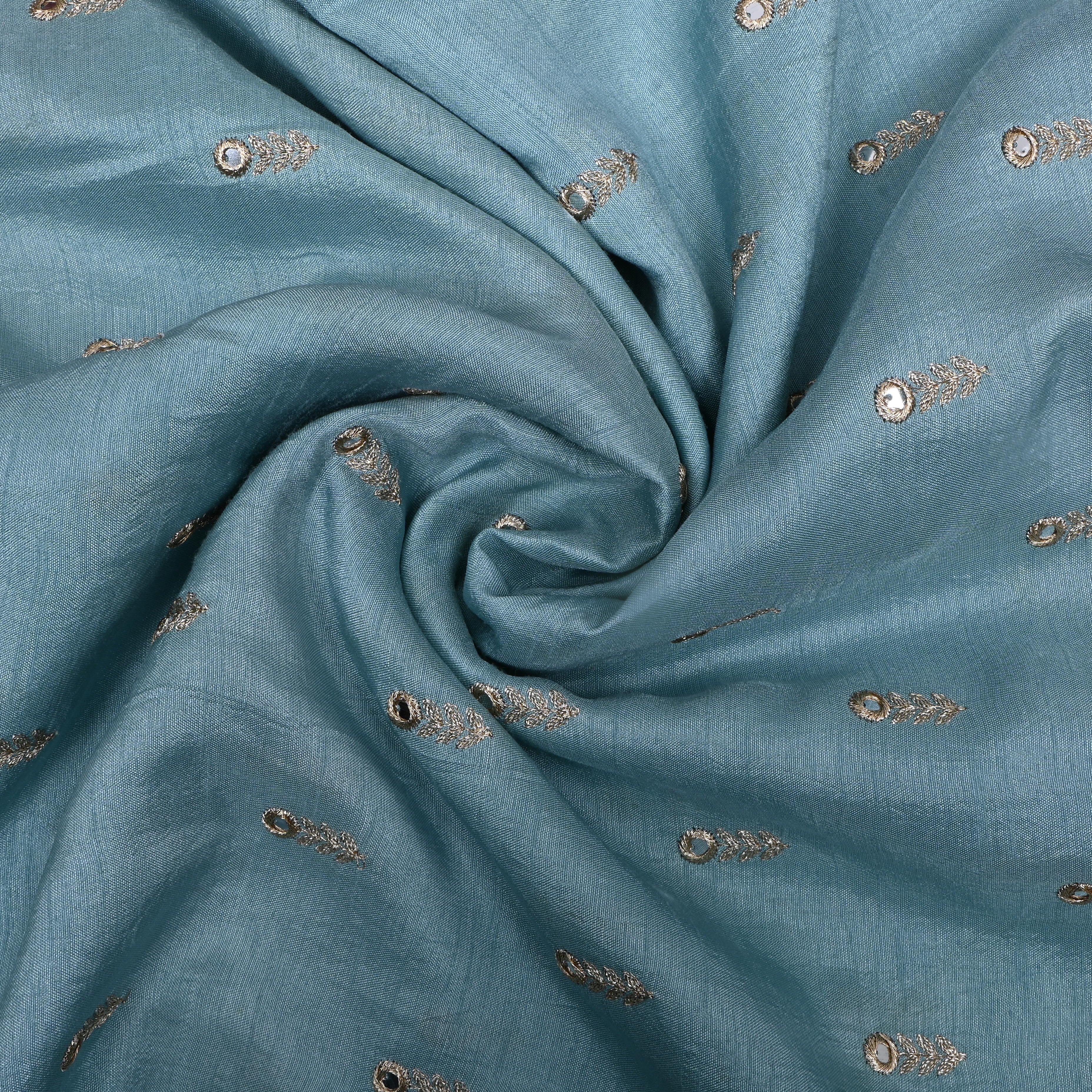 Slate Blue Floral Embroidered Silk Fabric
