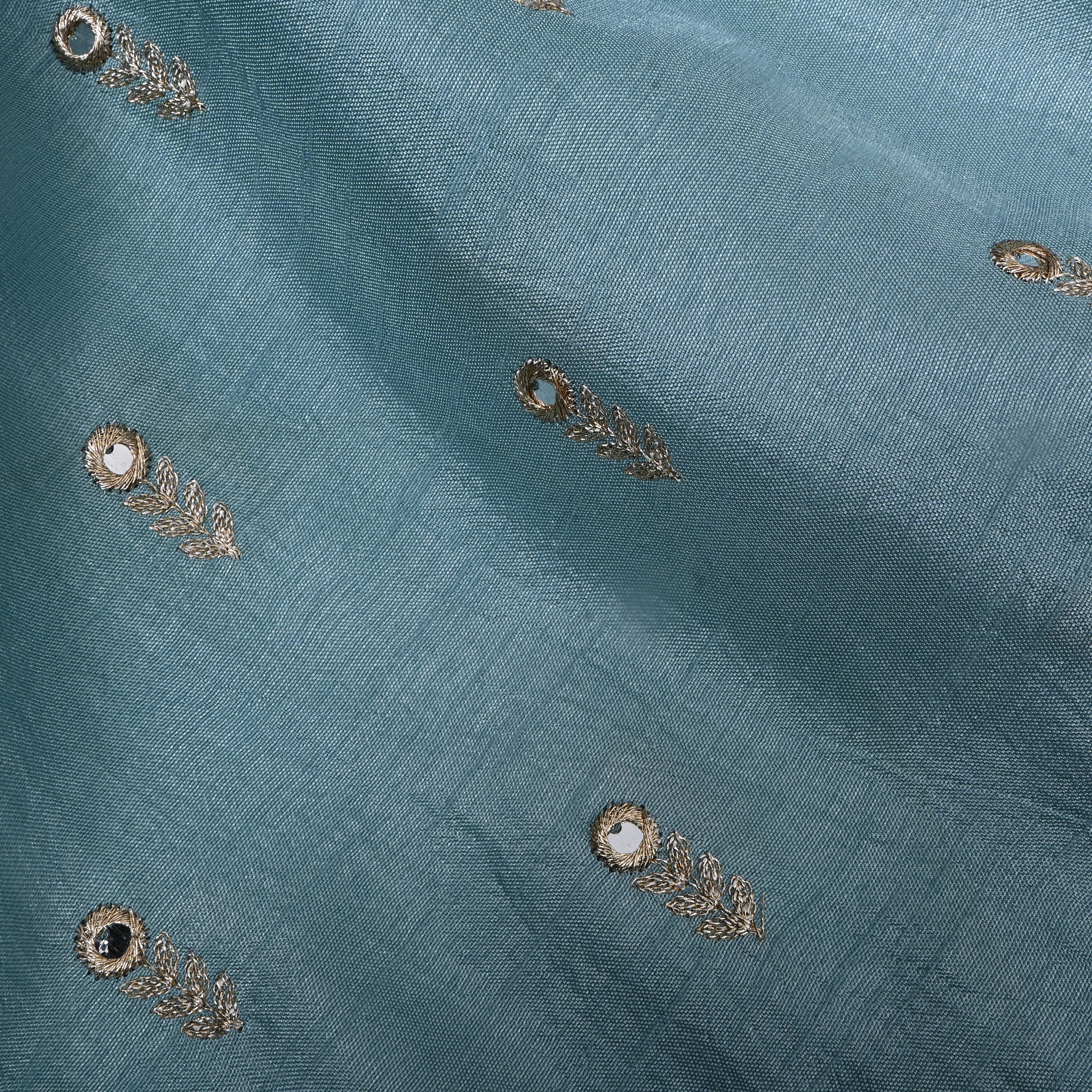 Slate Blue Floral Embroidered Silk Fabric