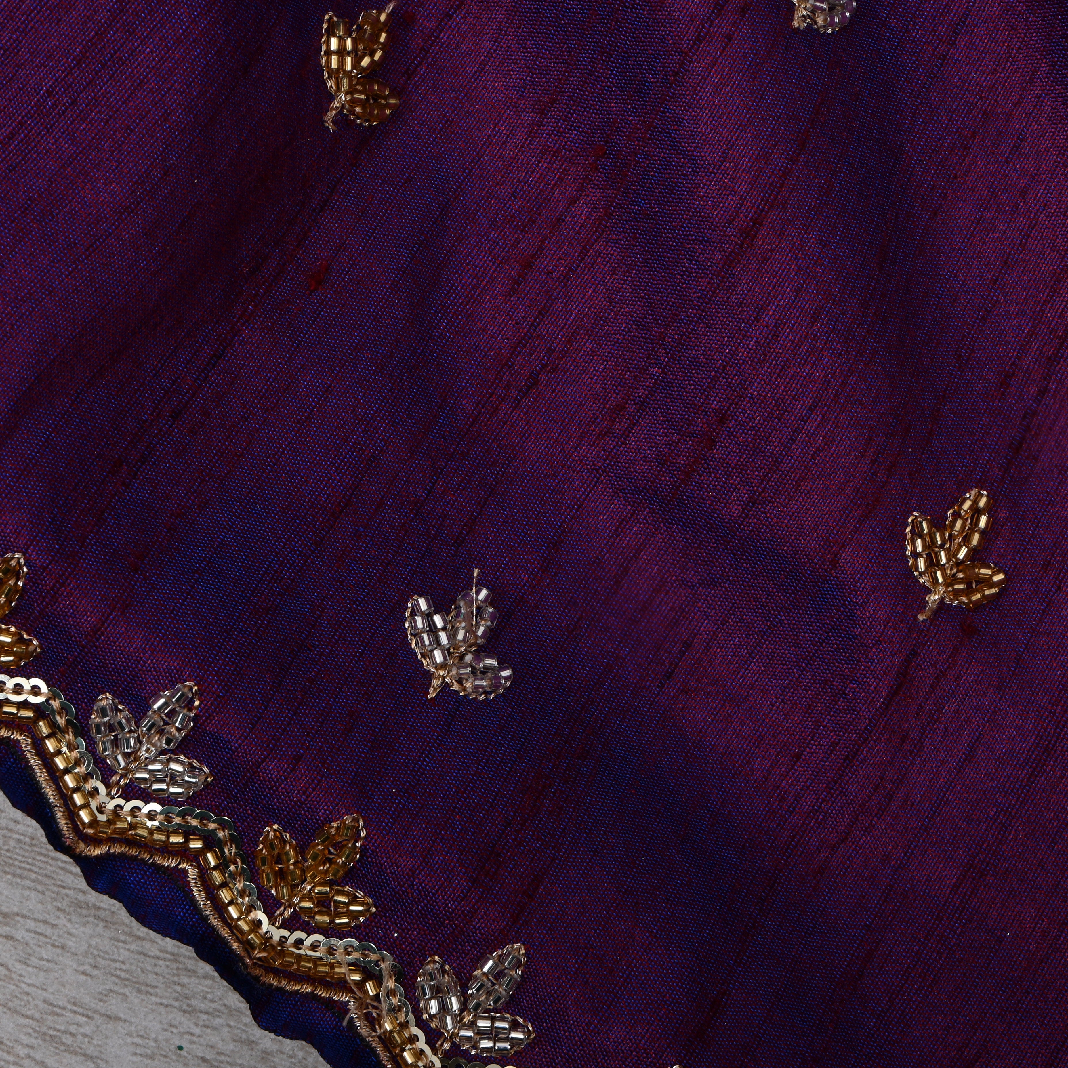 Plum Purple Floral Embroidered Dupion Silk Fabric