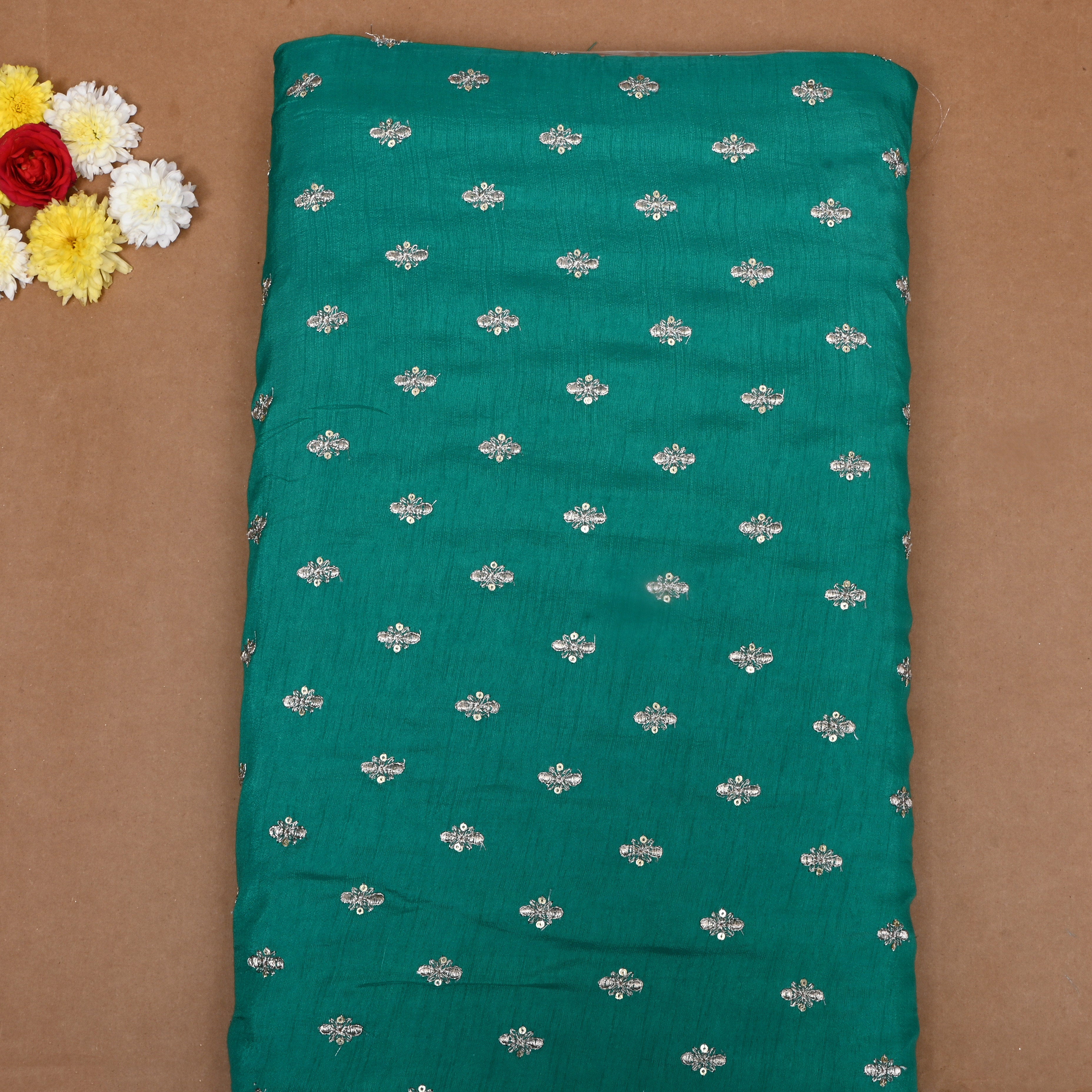 Teal Green Floral Zari Embroidered Silk Fabric