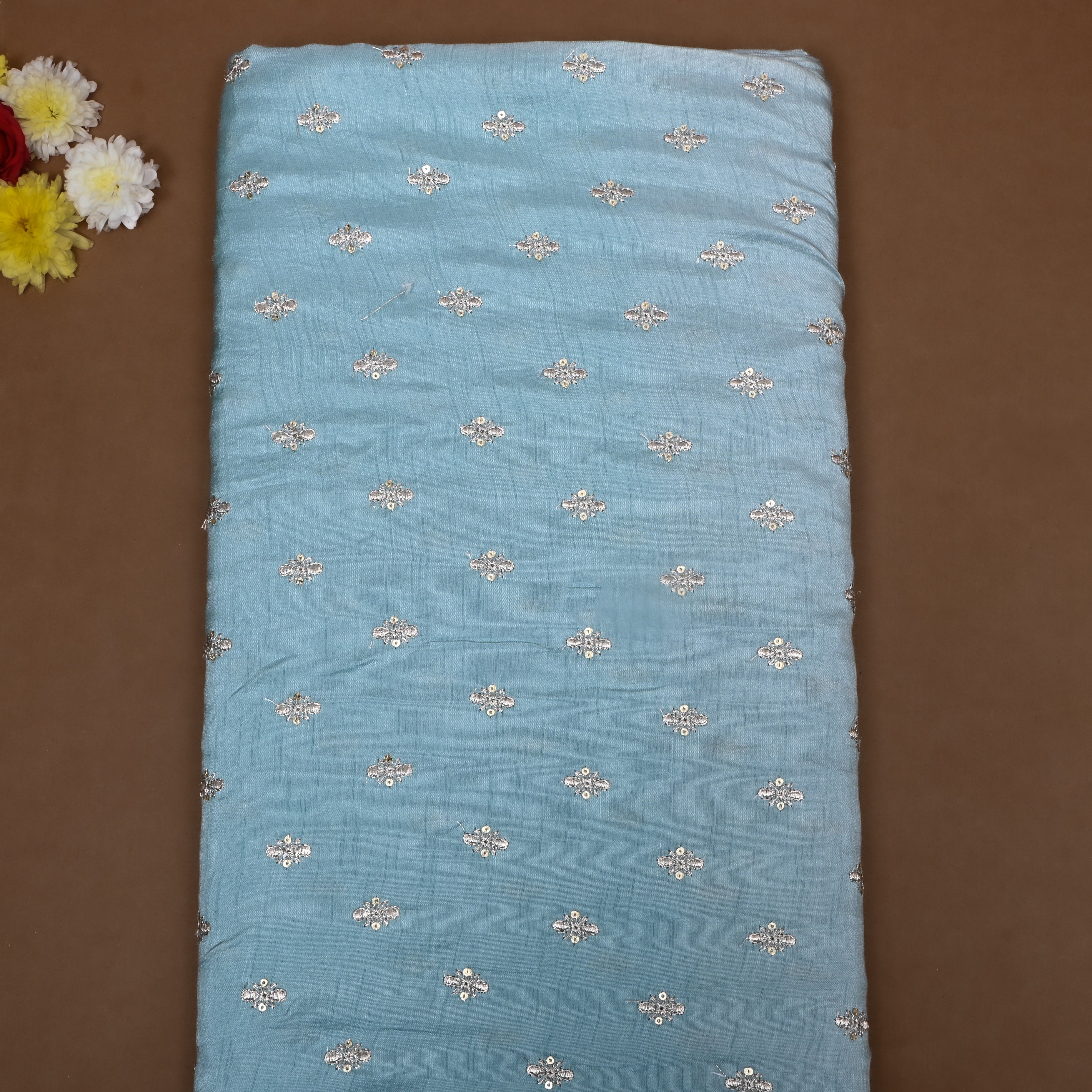 Slate Blue Floral Zari Embroidered Silk Fabric