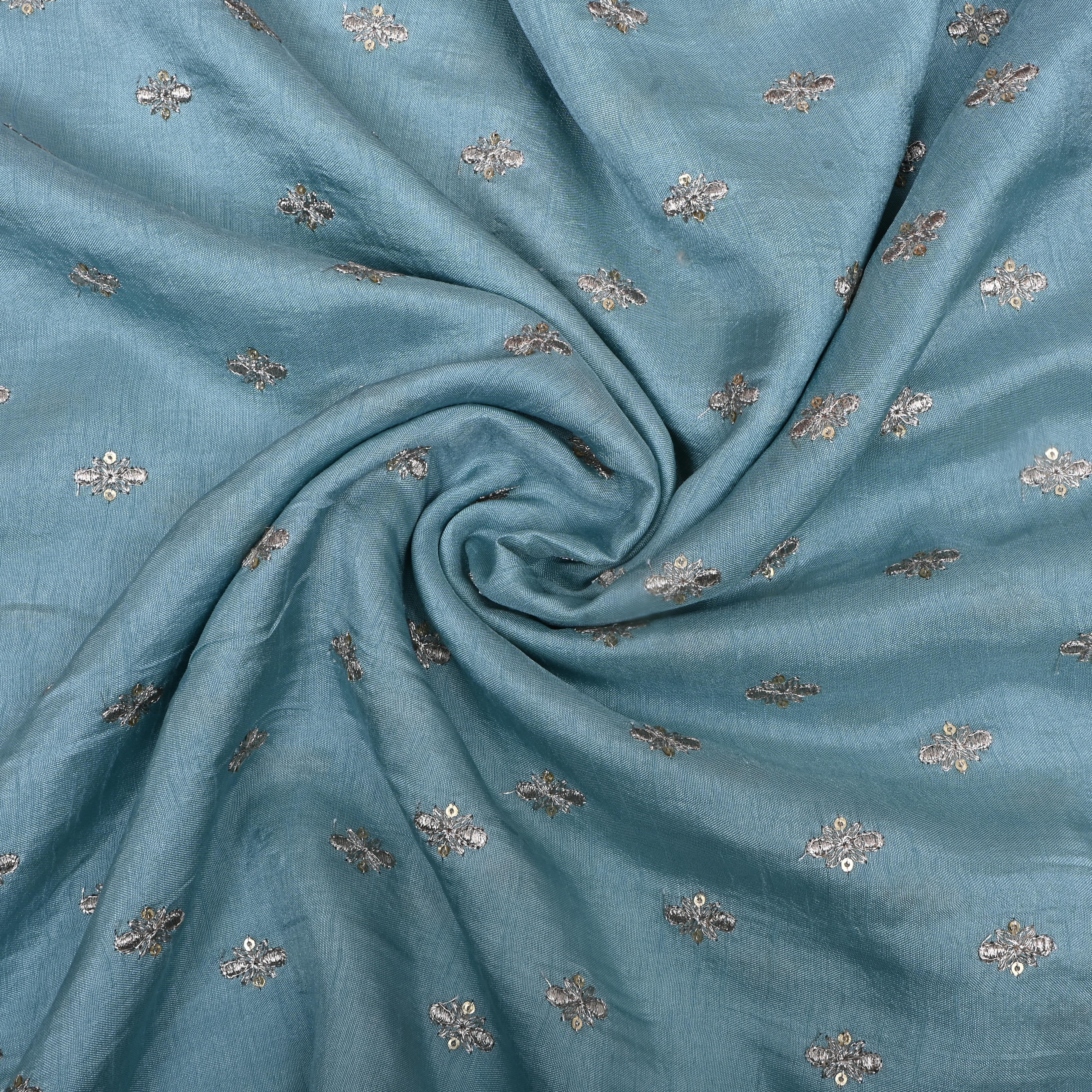 Slate Blue Floral Zari Embroidered Silk Fabric