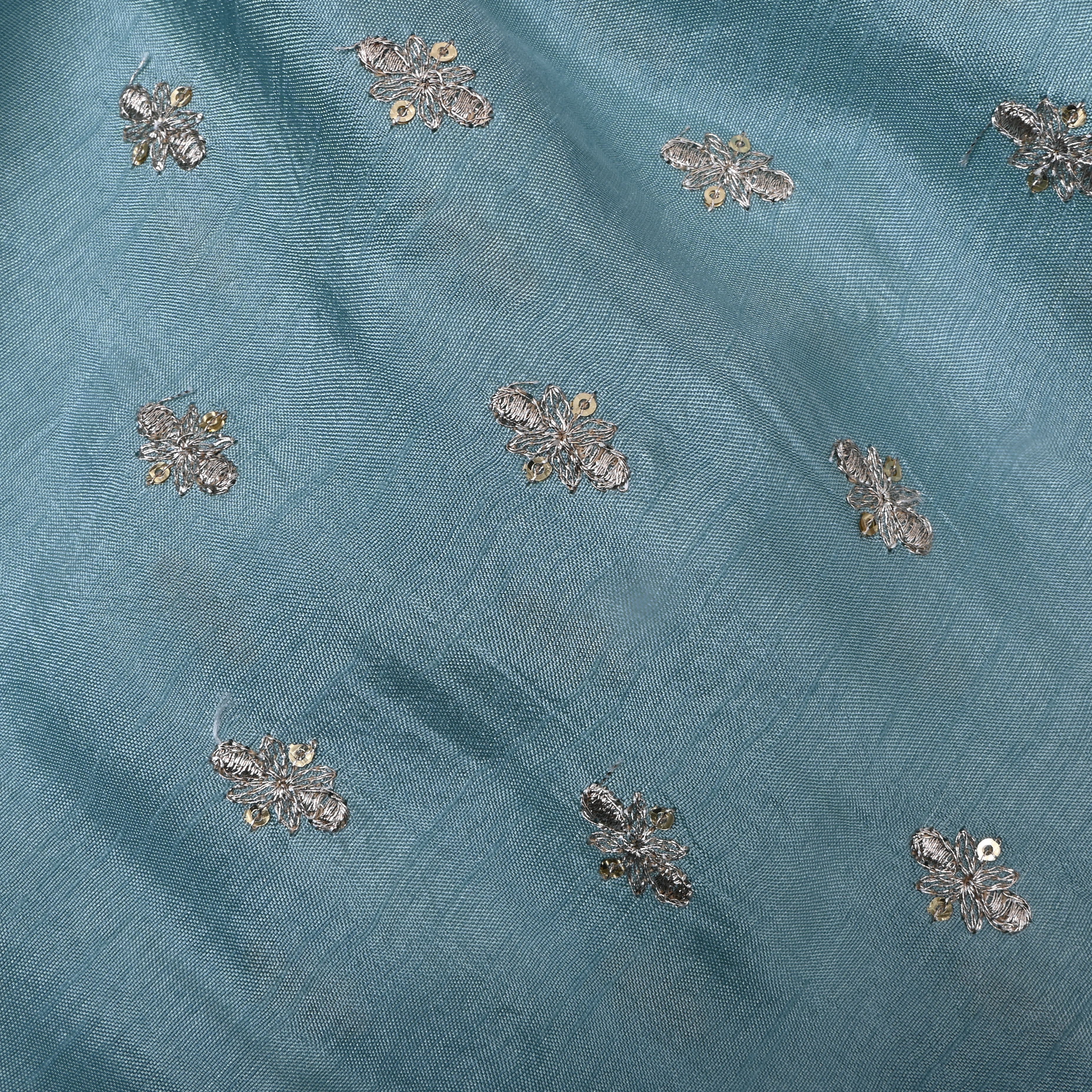 Slate Blue Floral Zari Embroidered Silk Fabric