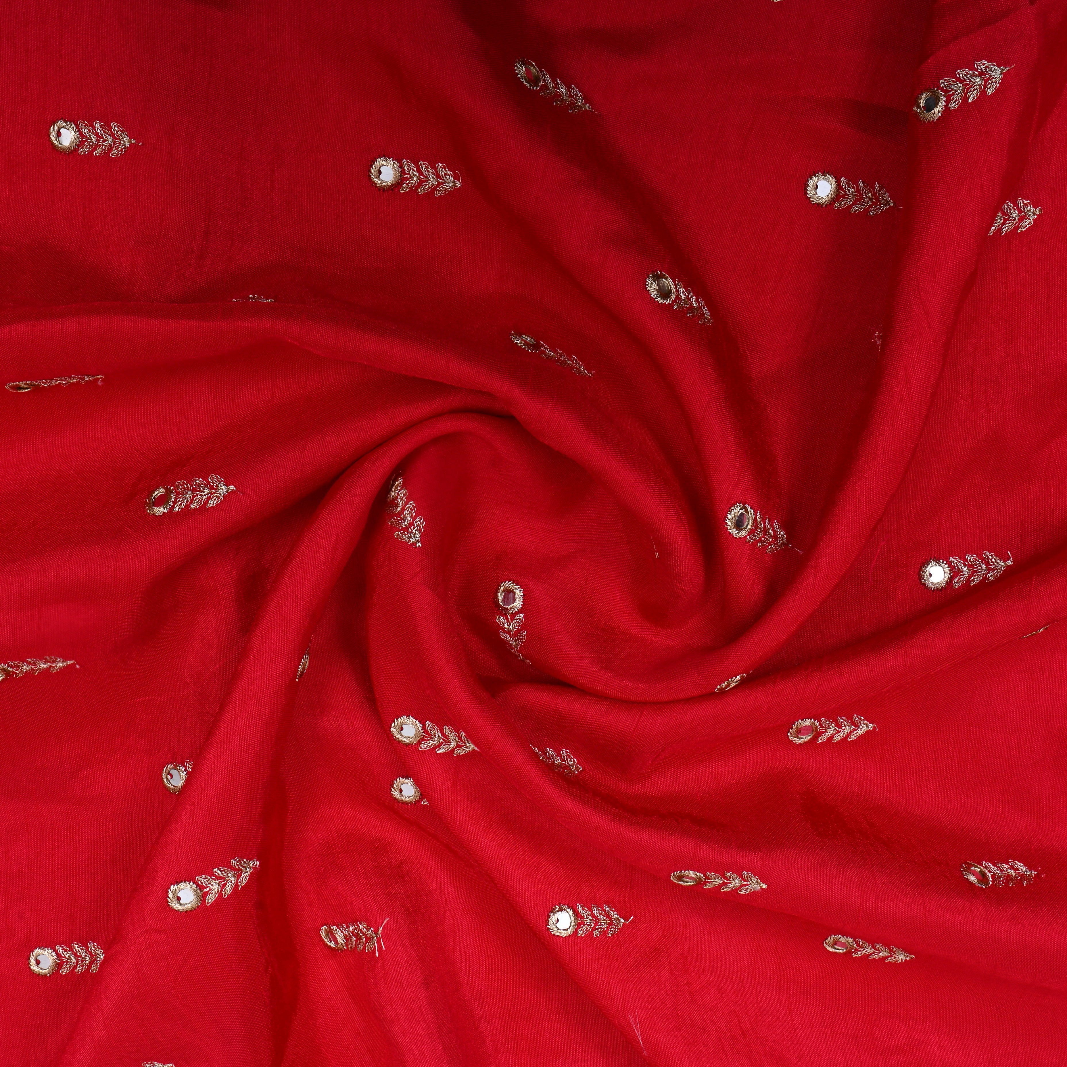 Bright Red Floral Embroidered Silk Fabric