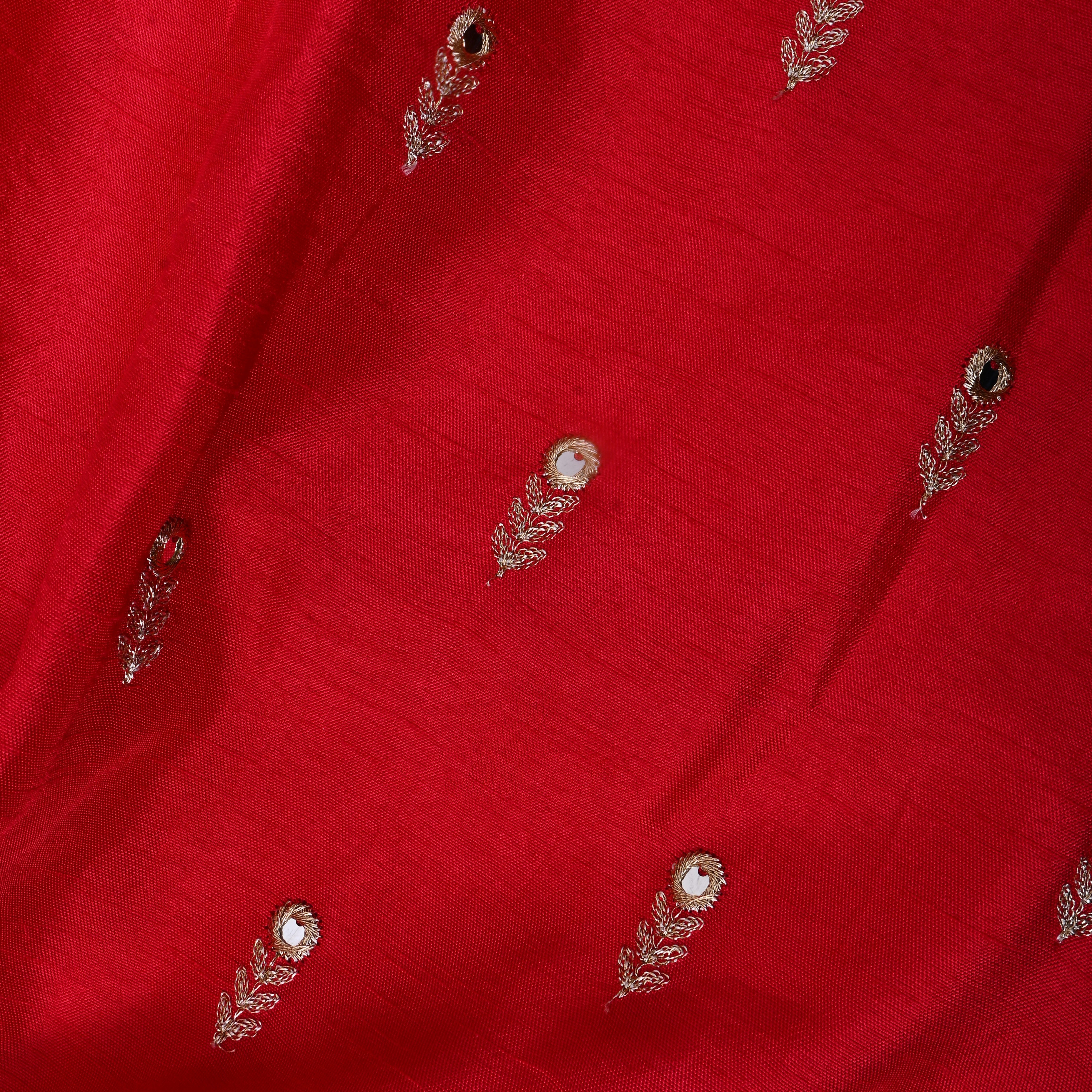 Bright Red Floral Embroidered Silk Fabric