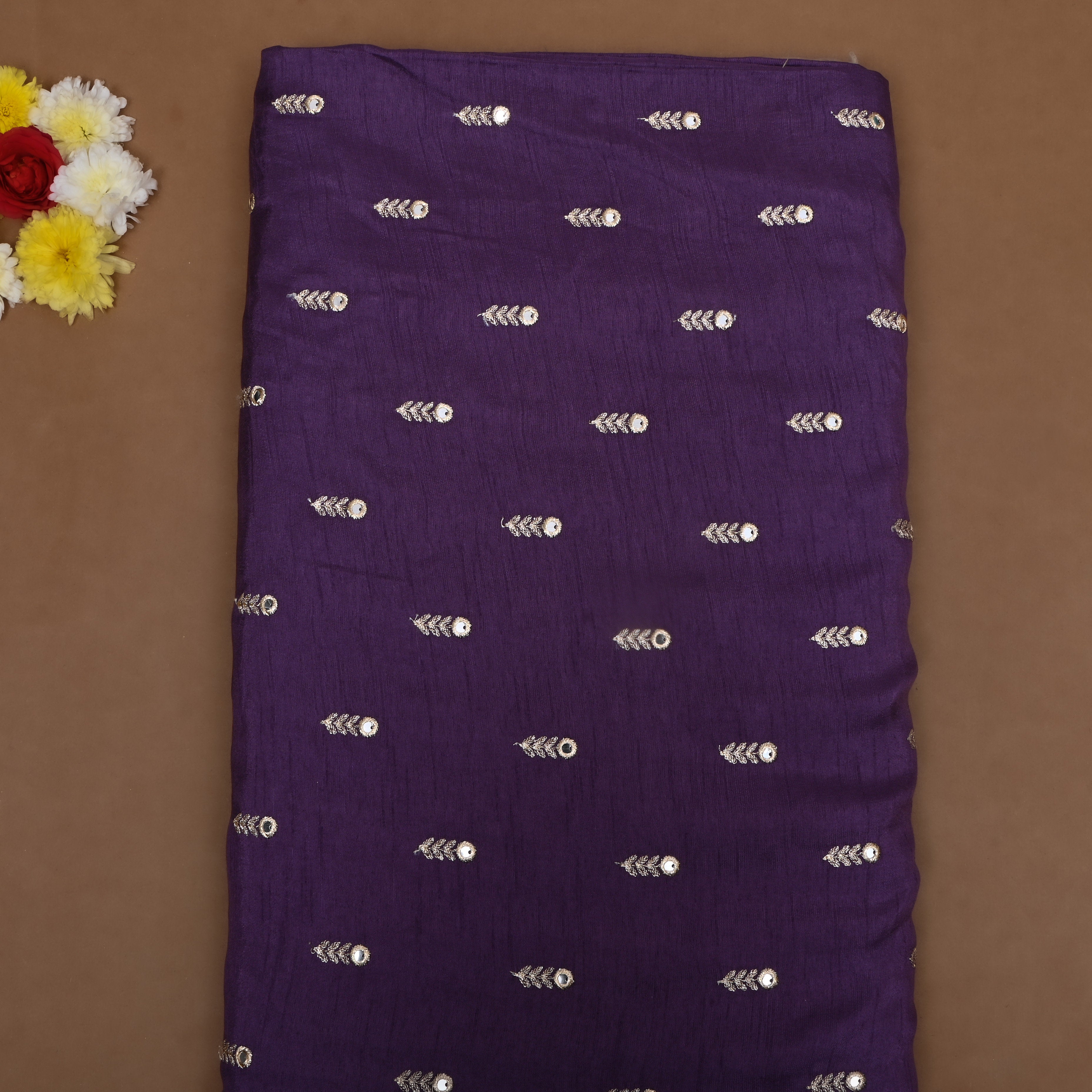 Dark Purple Floral Embroidered Silk Fabric