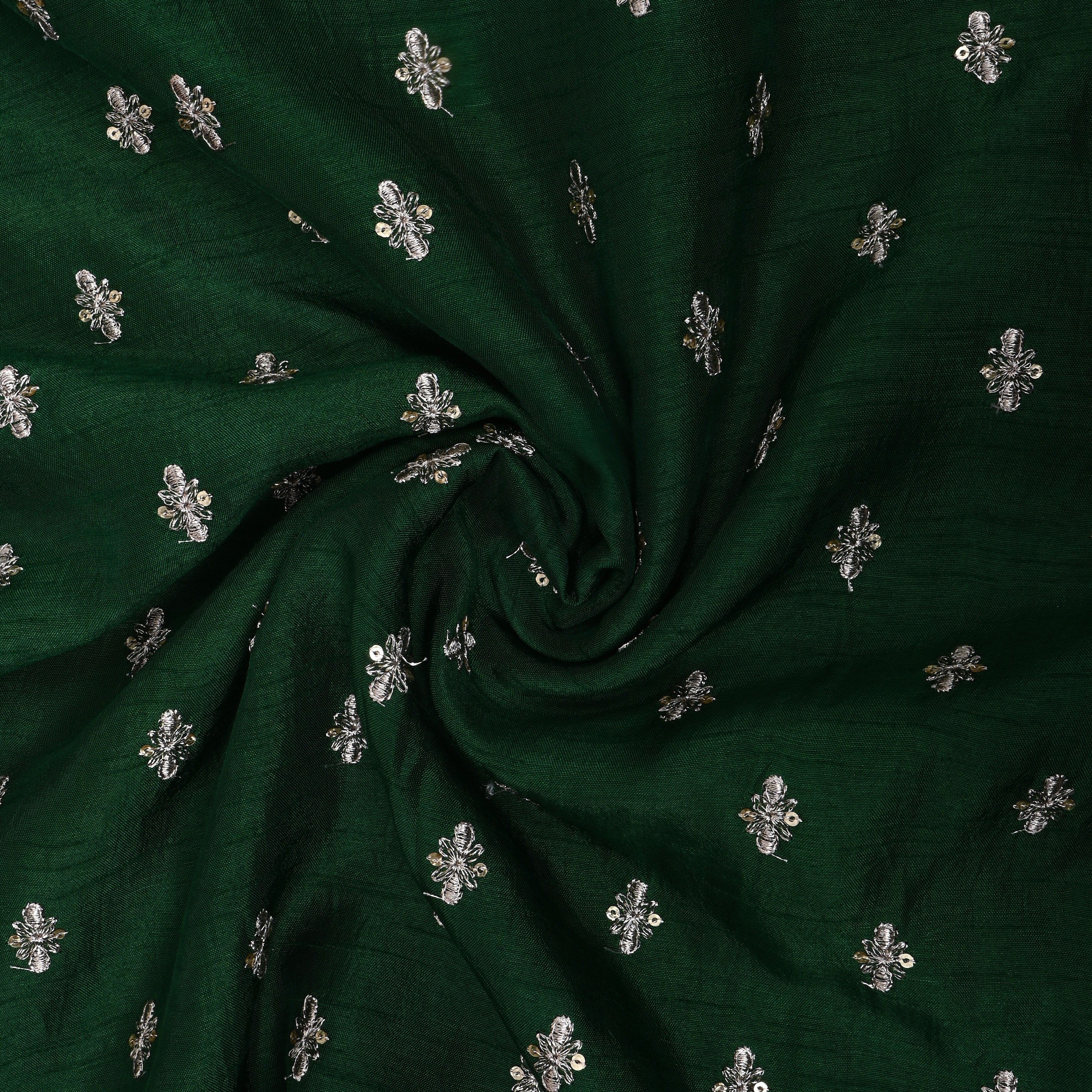 Bottle Green Floral Zari Embroidered Silk Fabric