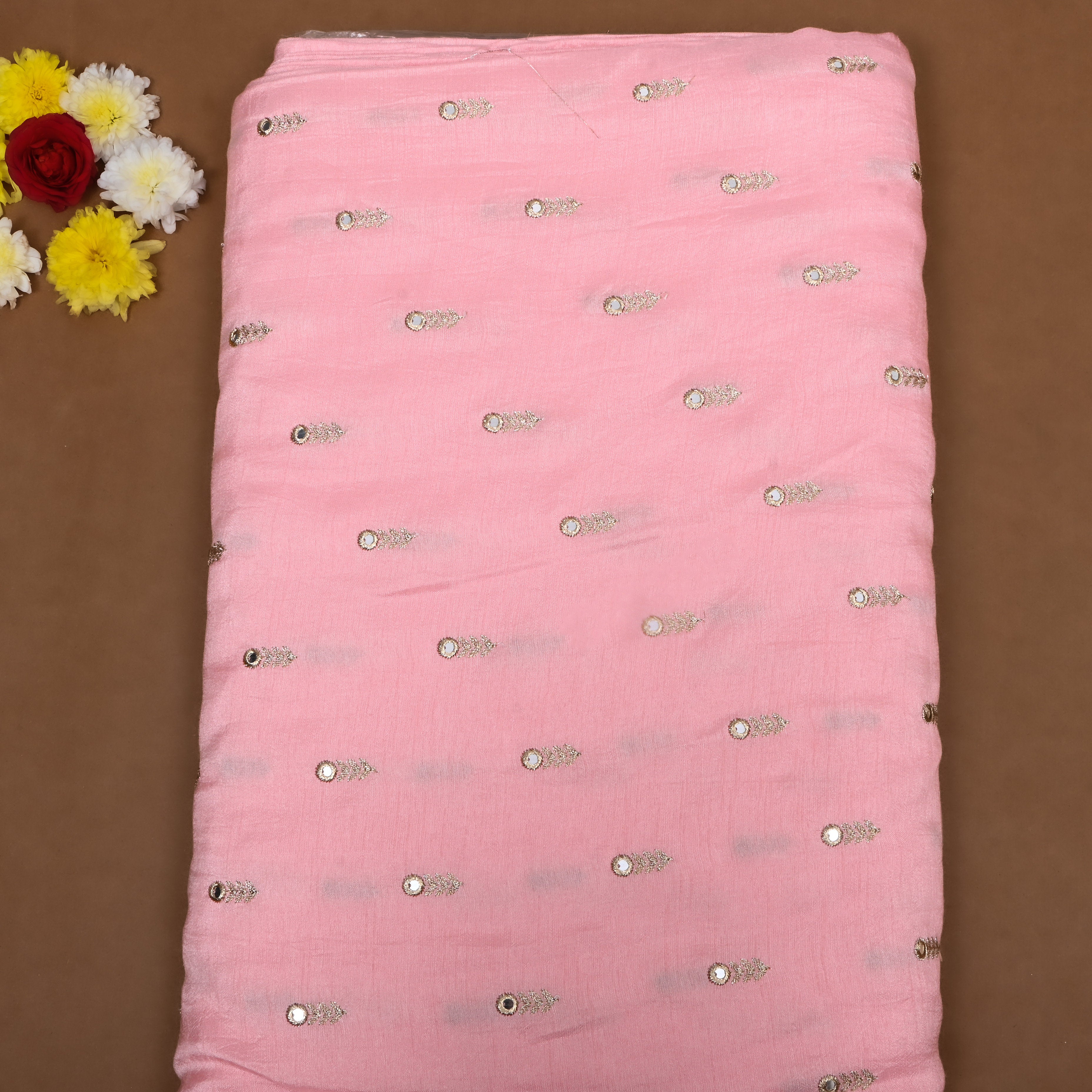Soft Pink Floral Embroidered Silk Fabric