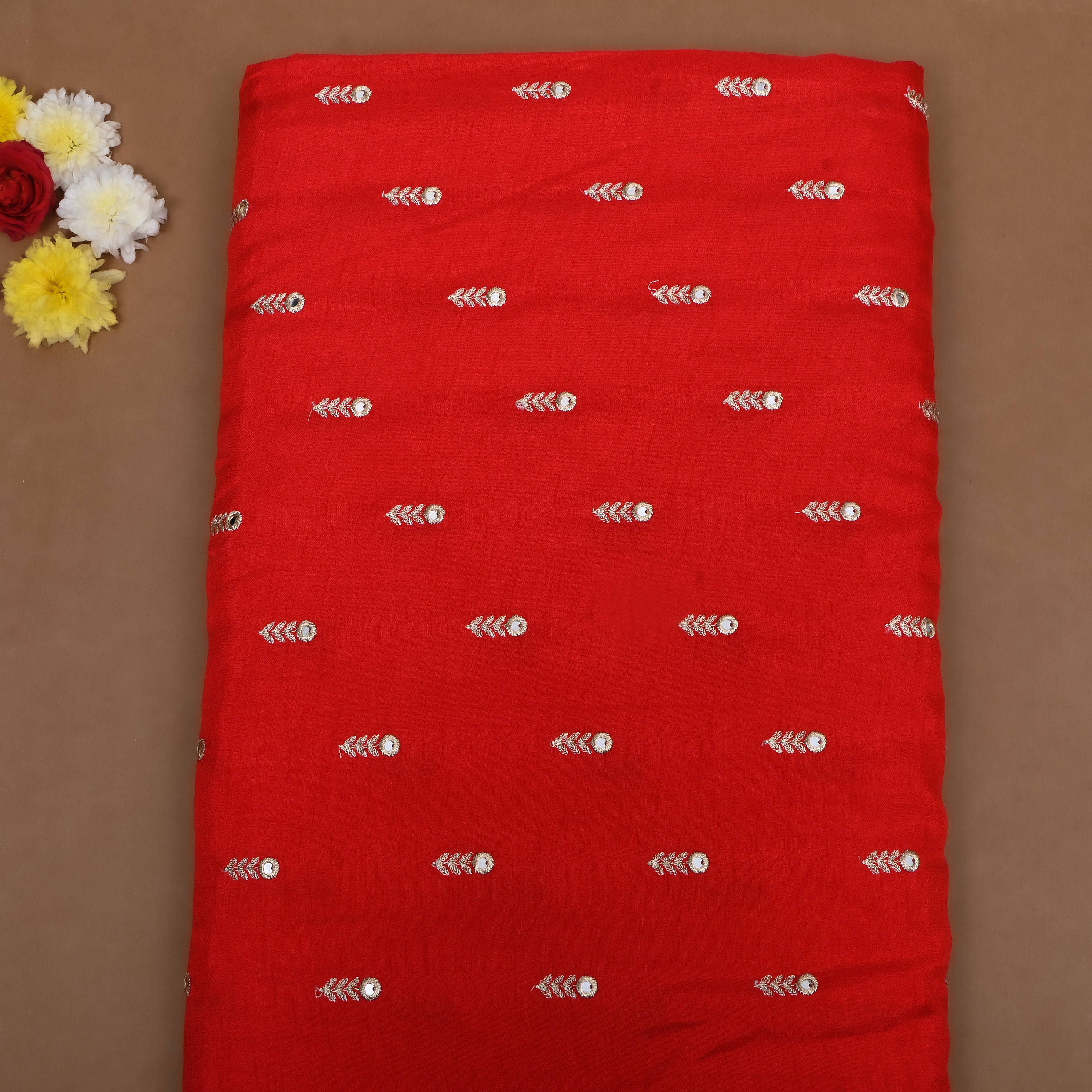 Cherry Red Floral Embroidered Silk Fabric