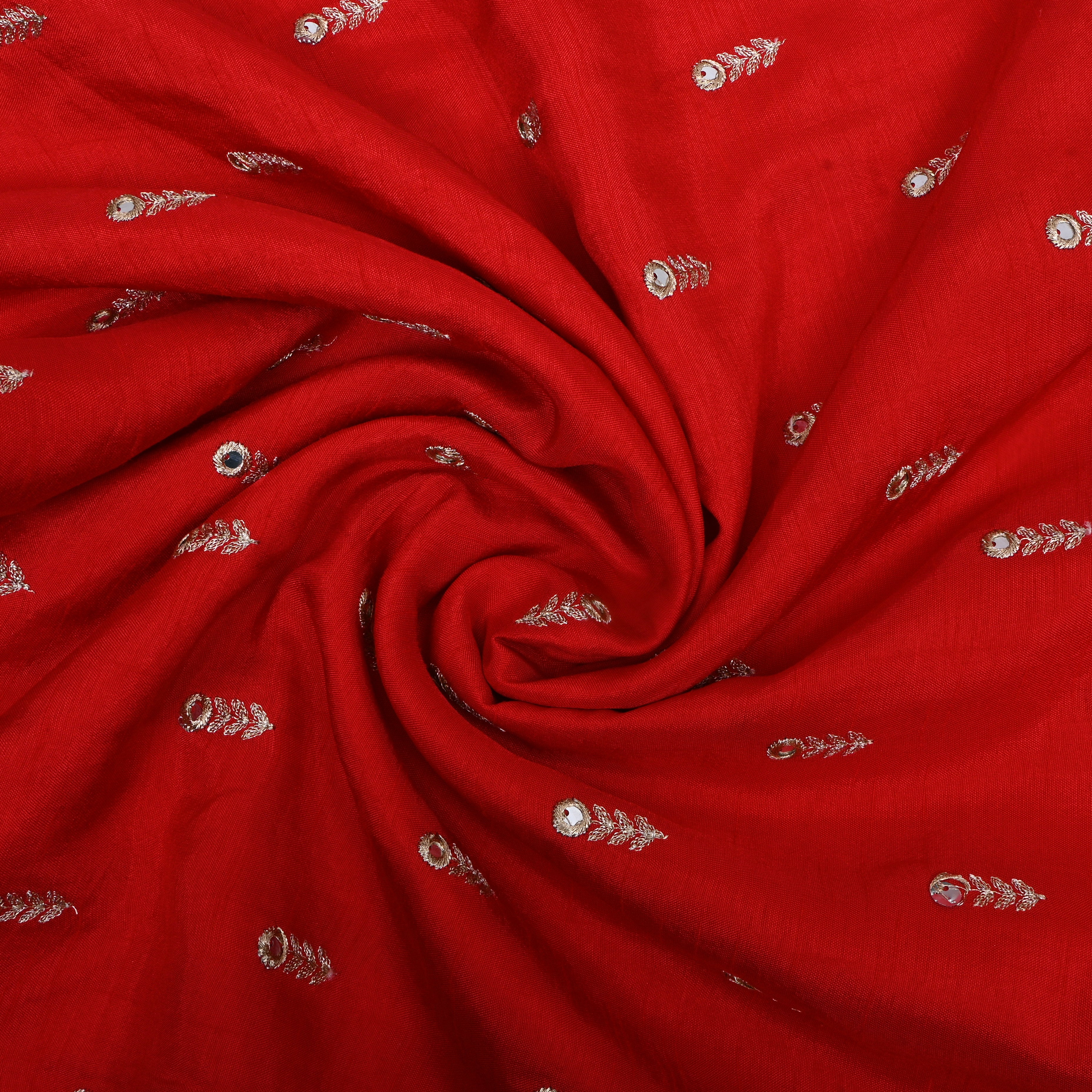 Cherry Red Floral Embroidered Silk Fabric