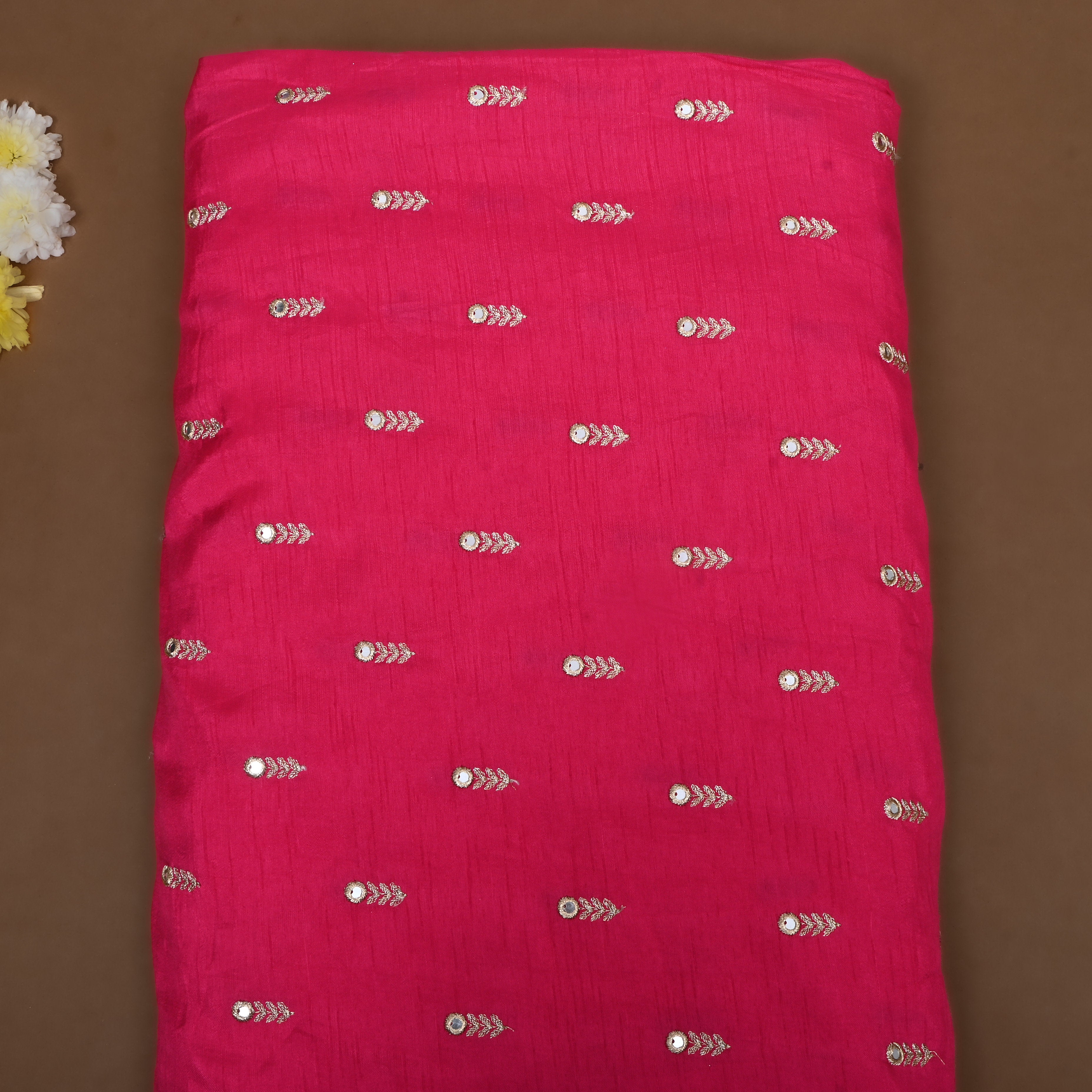 Bright Pink Floral Embroidered Silk Fabric