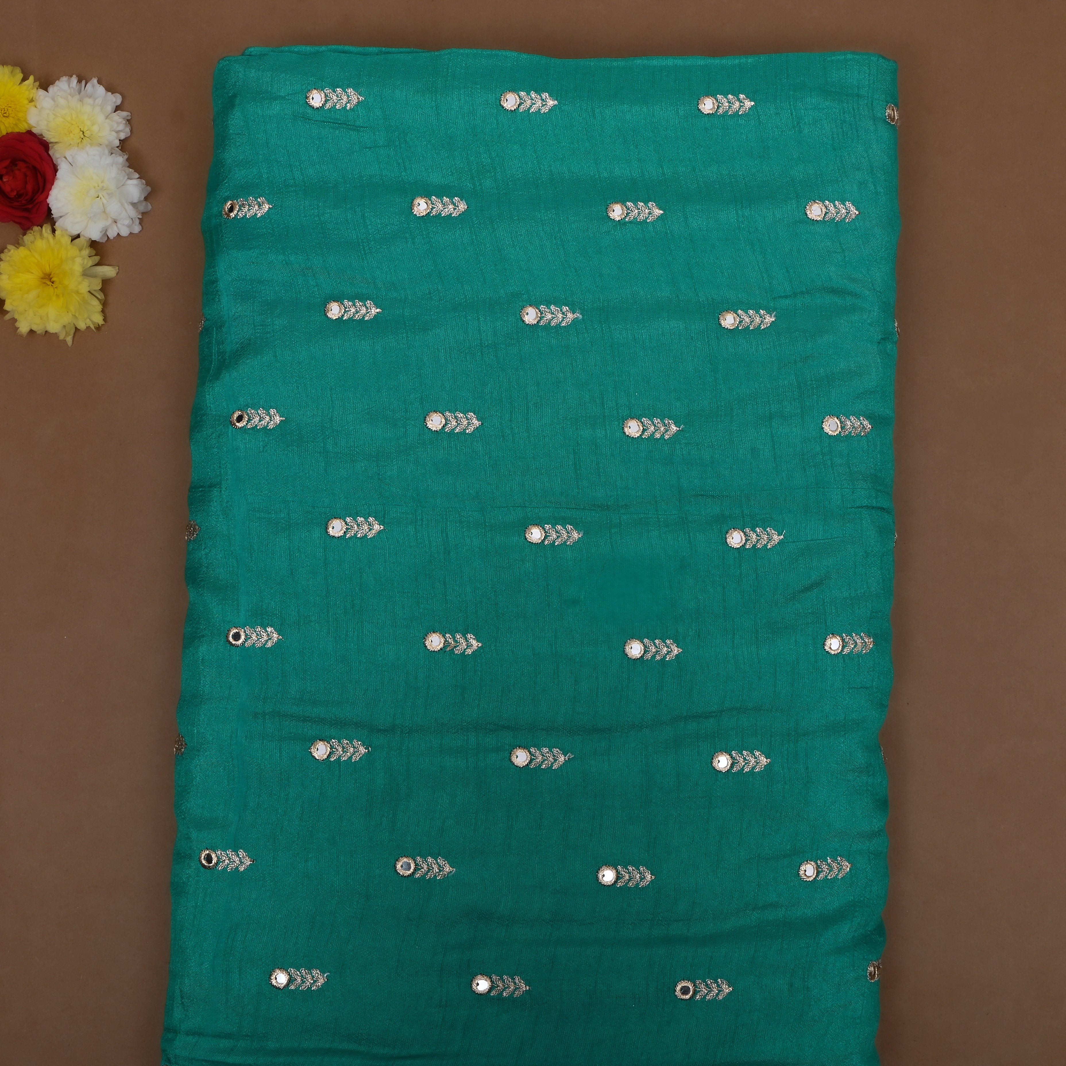 Teal Green Floral Embroidered Silk Fabric