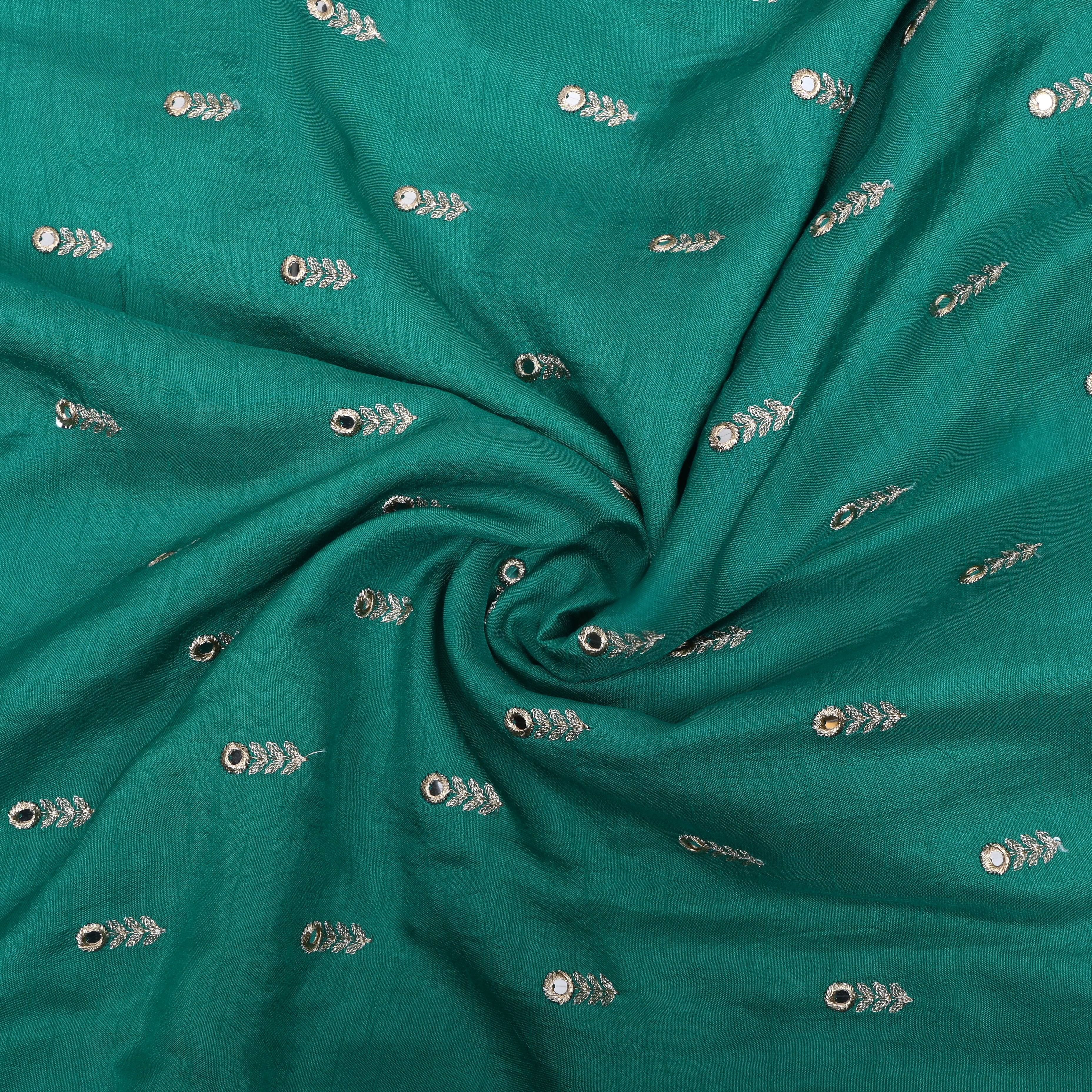 Teal Green Floral Embroidered Silk Fabric