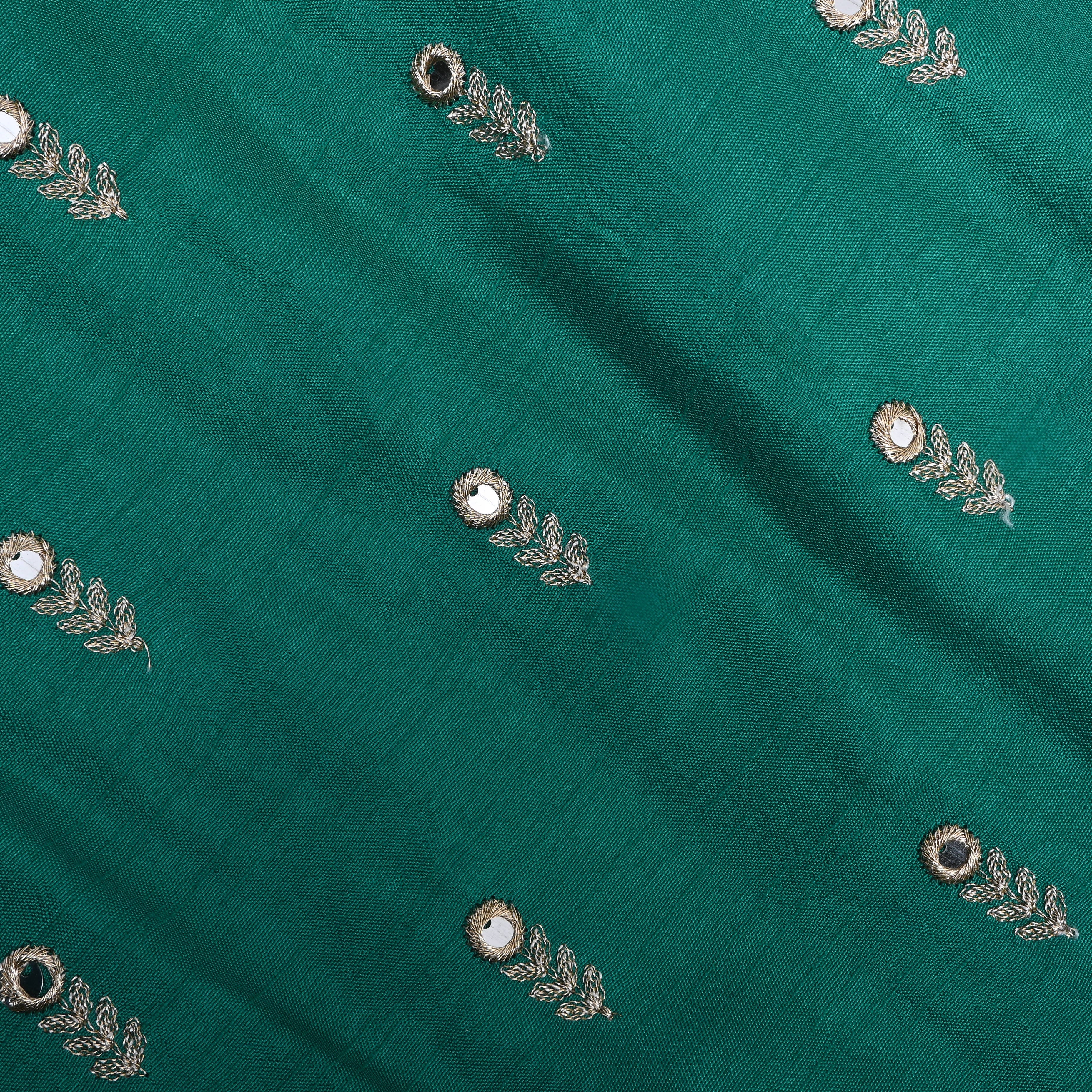 Teal Green Floral Embroidered Silk Fabric