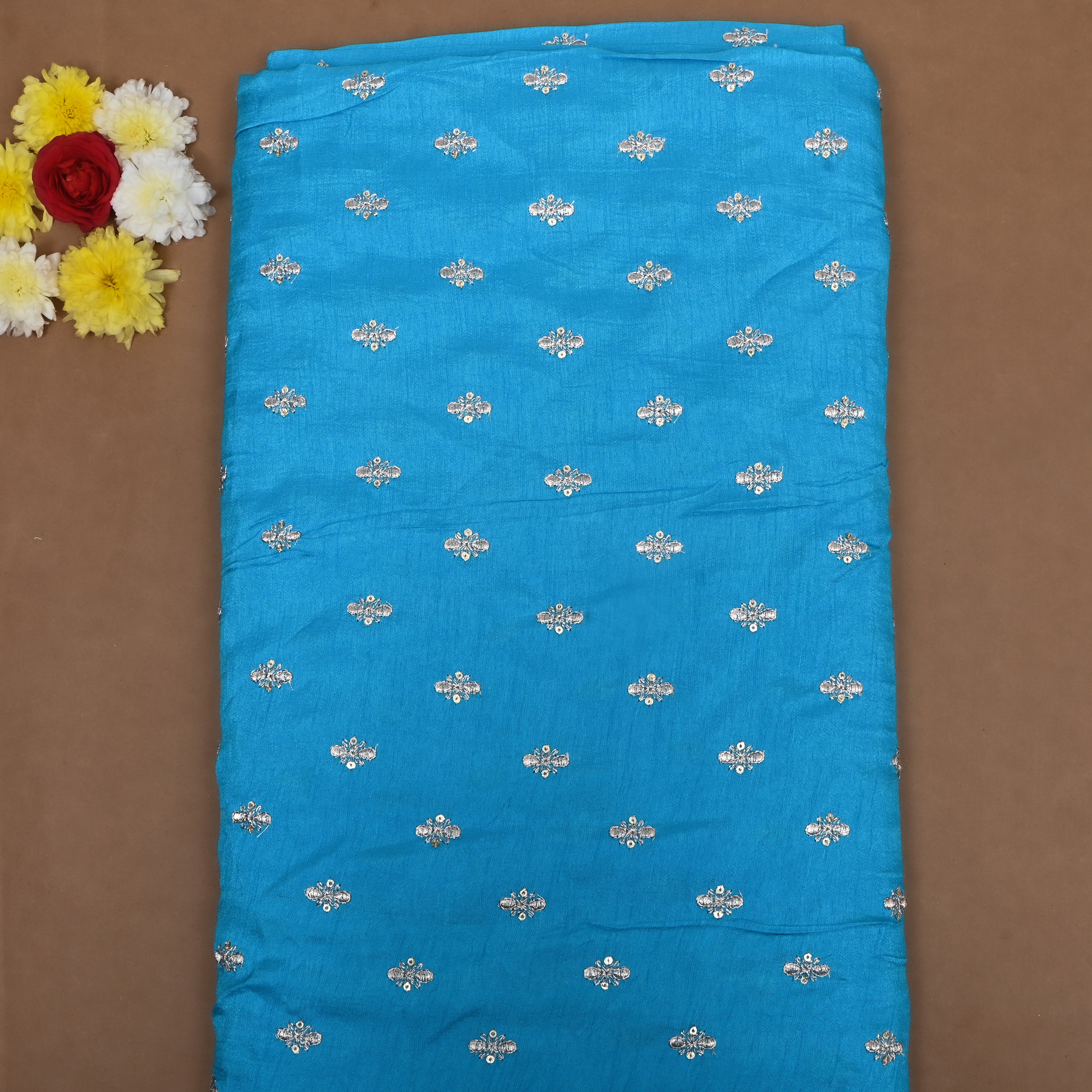 Turquoise Blue Floral Zari Embroidered Silk Fabric