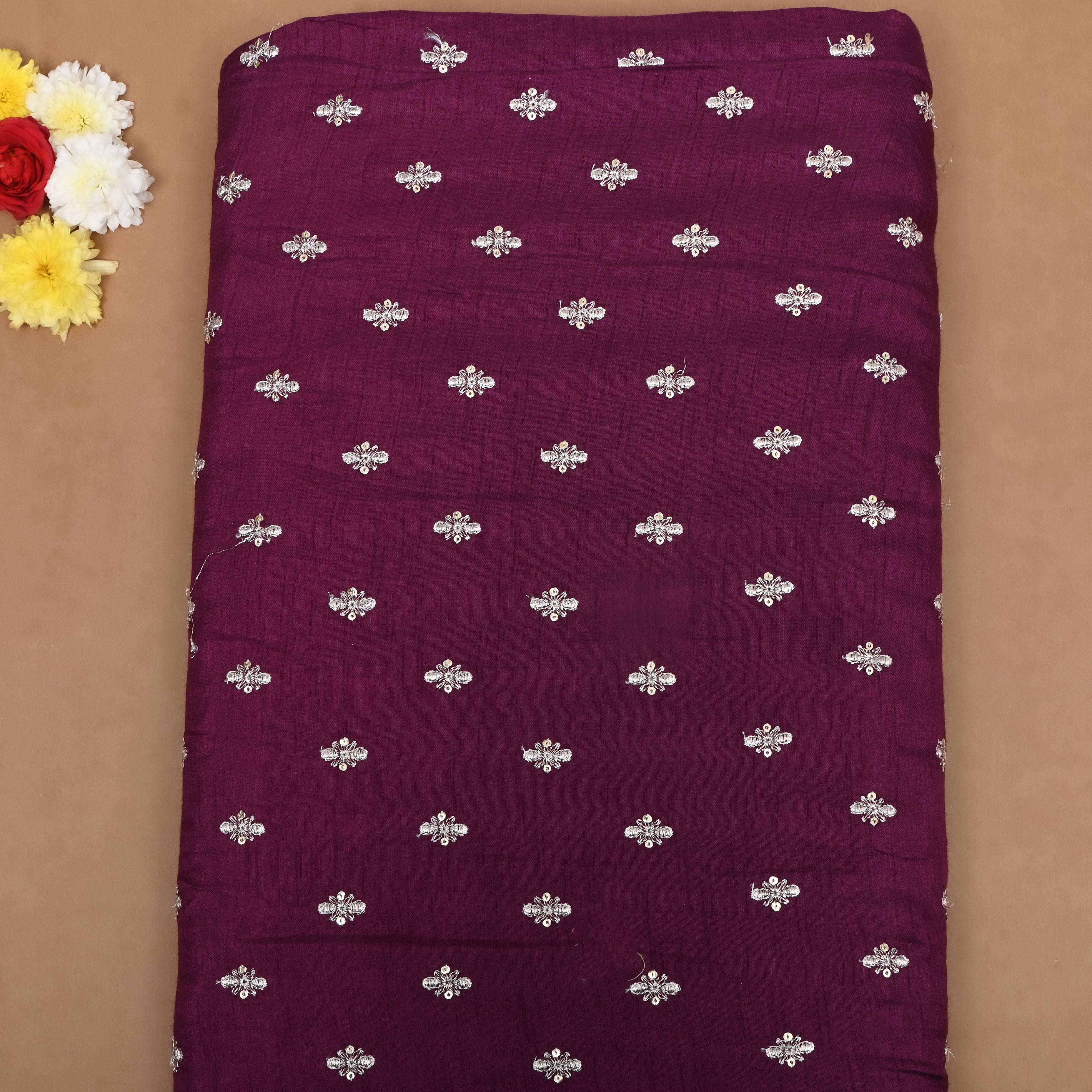 Plum Purple Floral Zari Embroidered Silk Fabric
