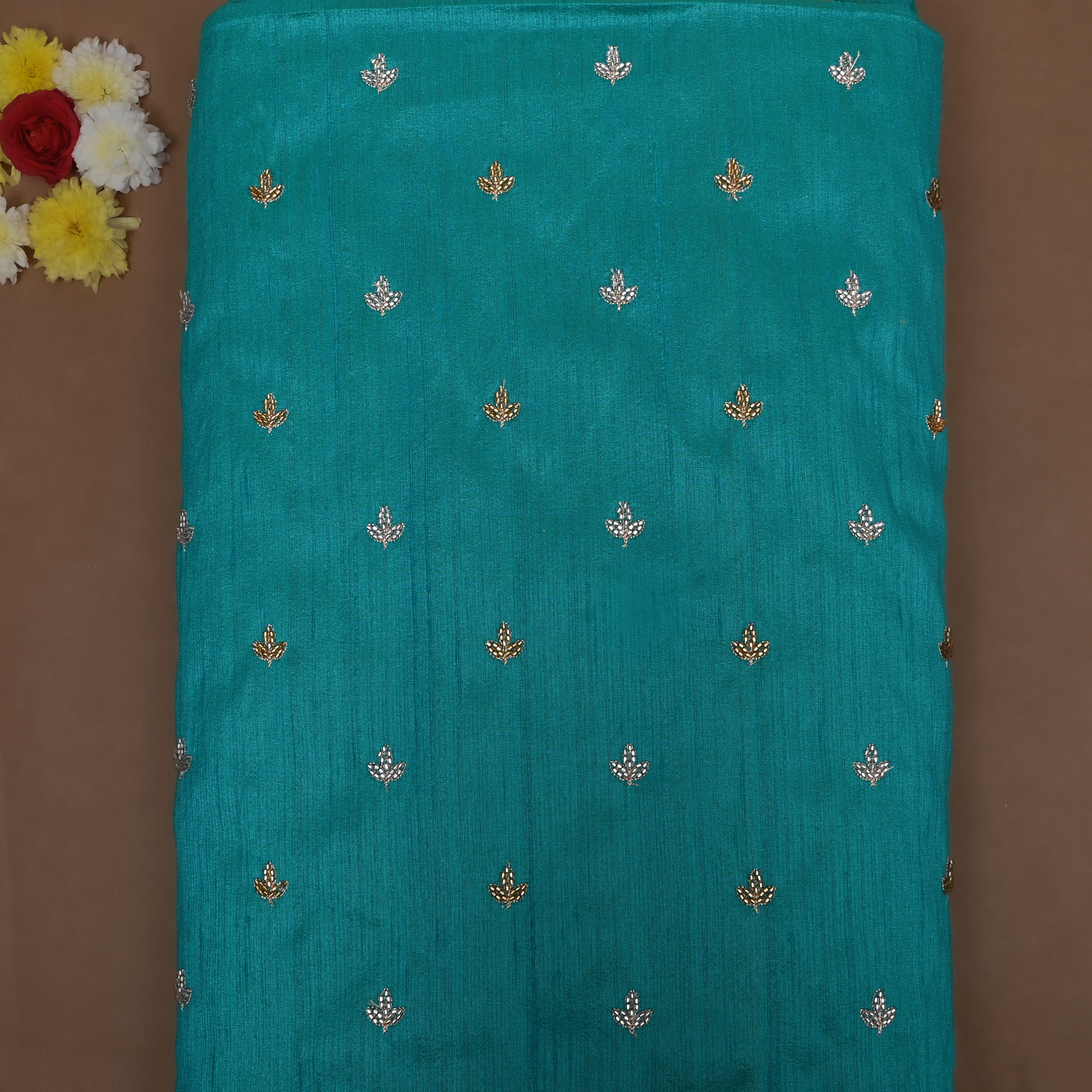 Teal Blue Floral Embroidered Dupion Silk Fabric