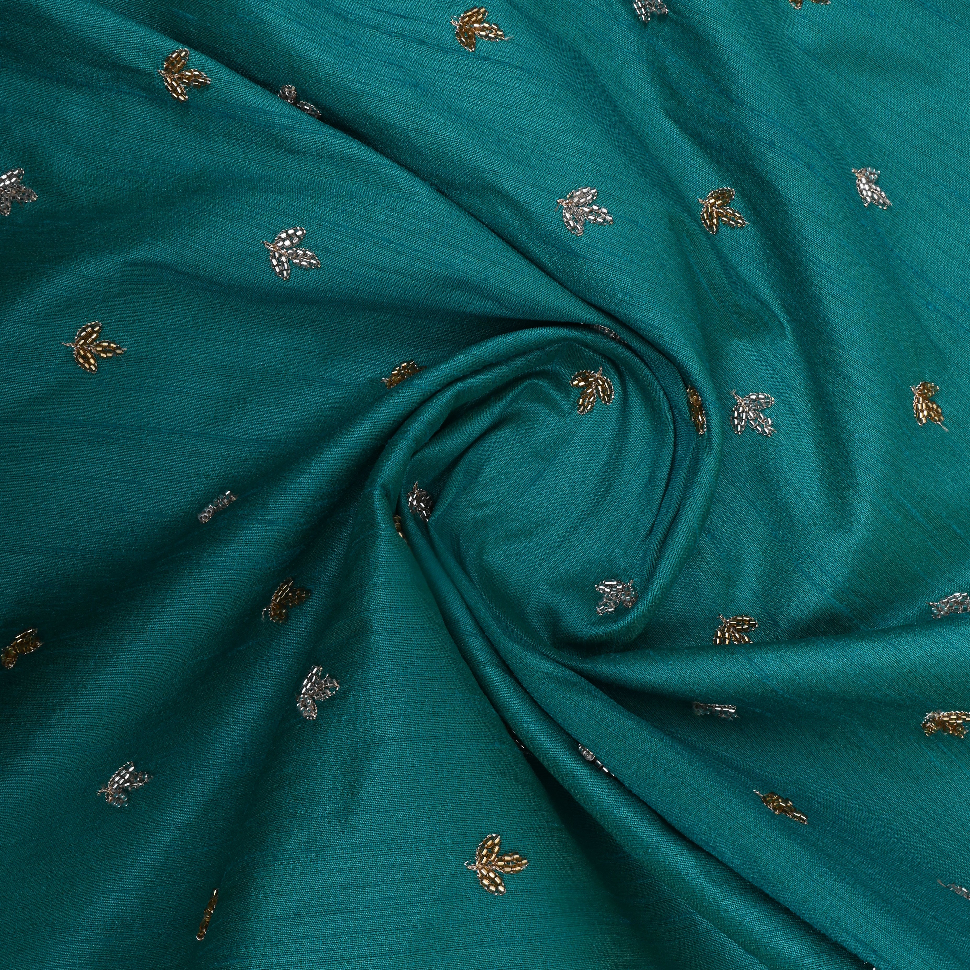 Teal Blue Floral Embroidered Dupion Silk Fabric