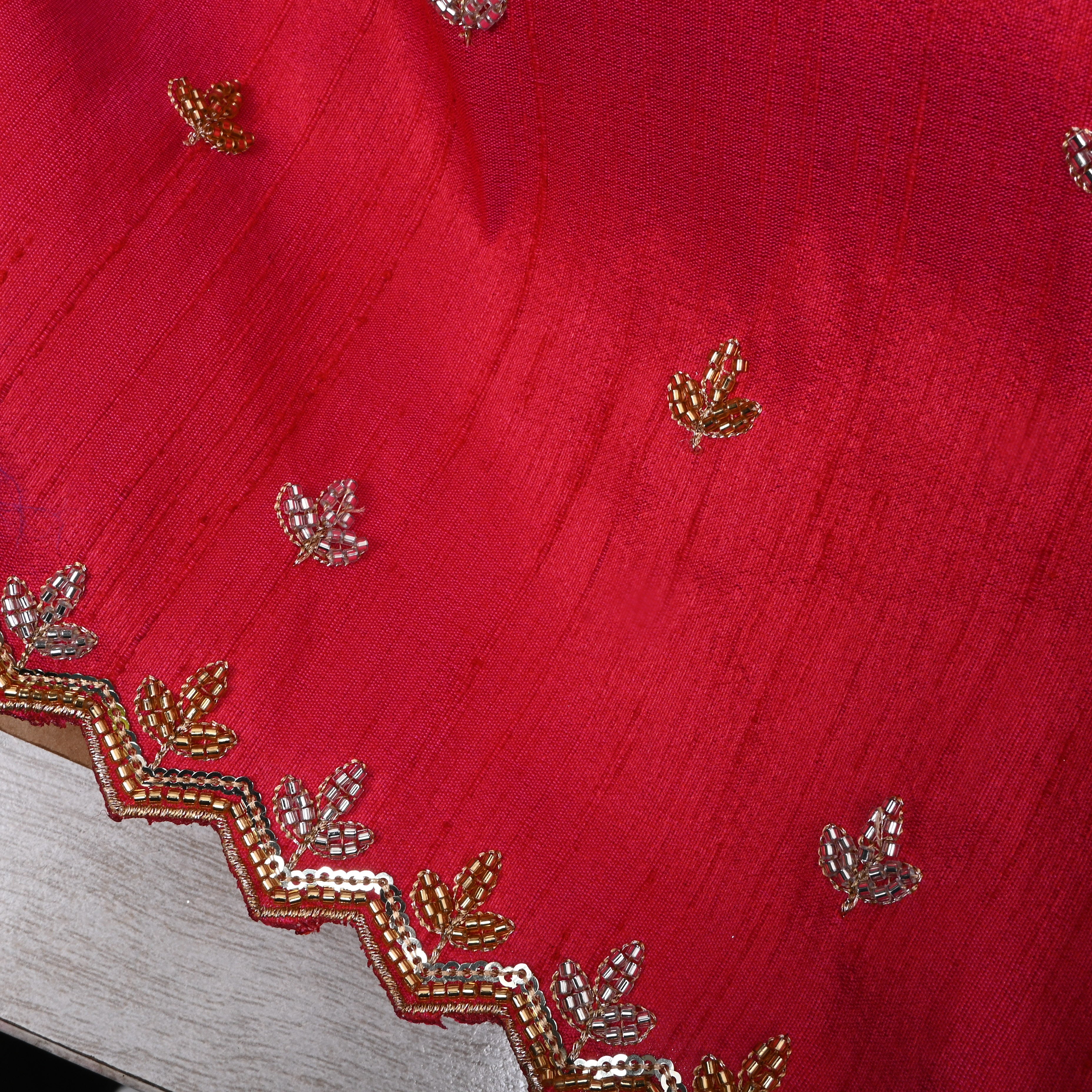 Bright Pink Floral Embroidered Dupion Silk Fabric