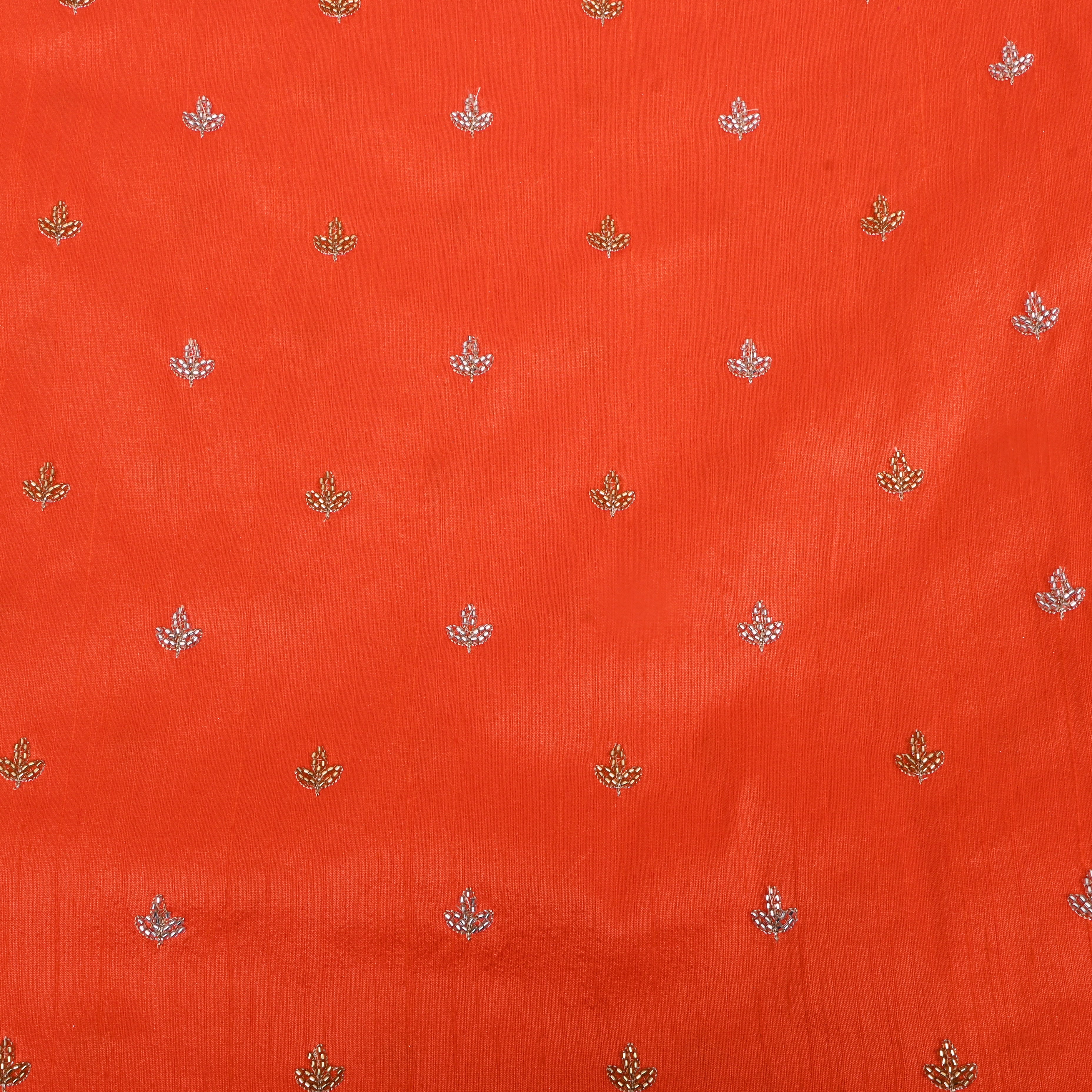 Bright Orange Floral Embroidered Dupion Silk Fabric