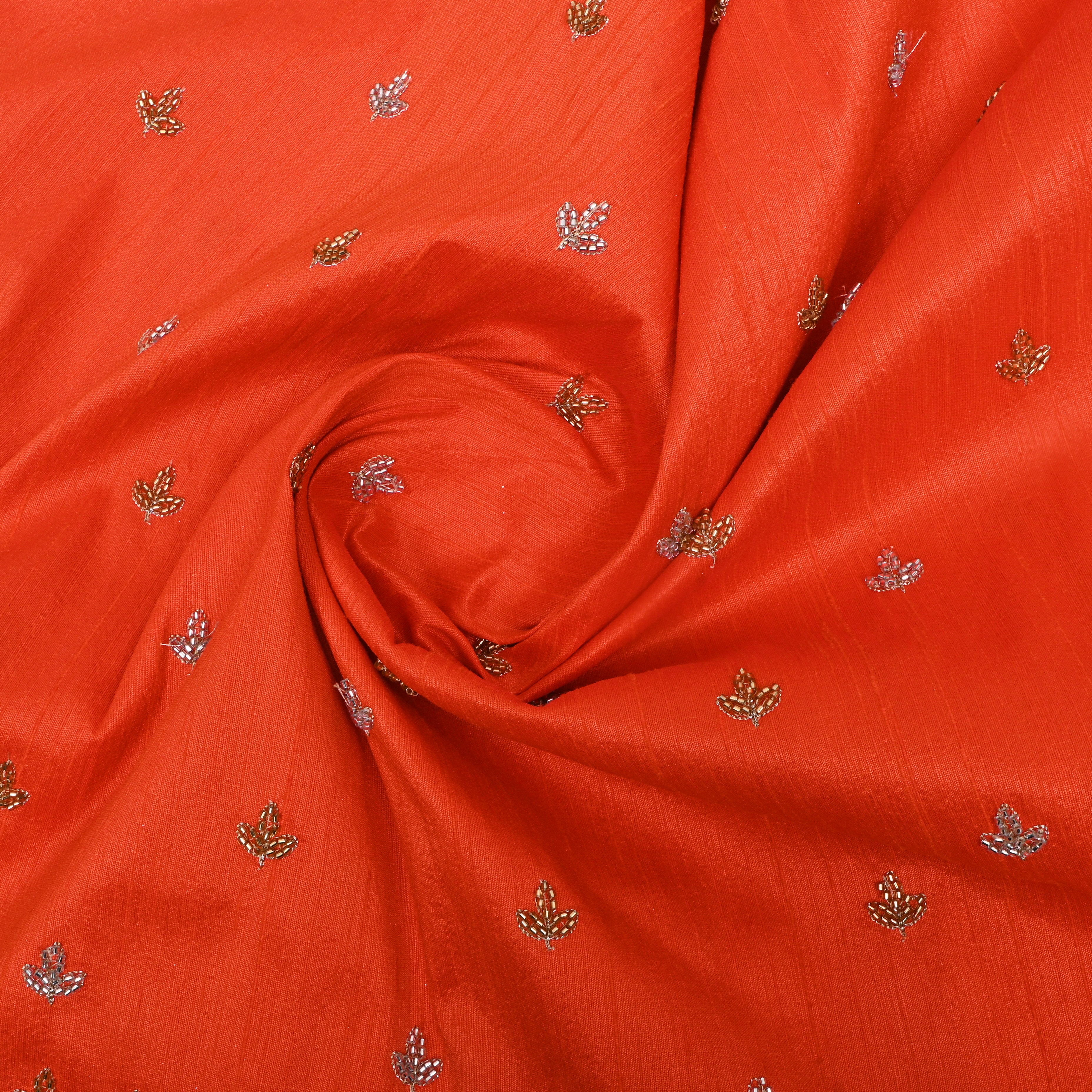 Bright Orange Floral Embroidered Dupion Silk Fabric