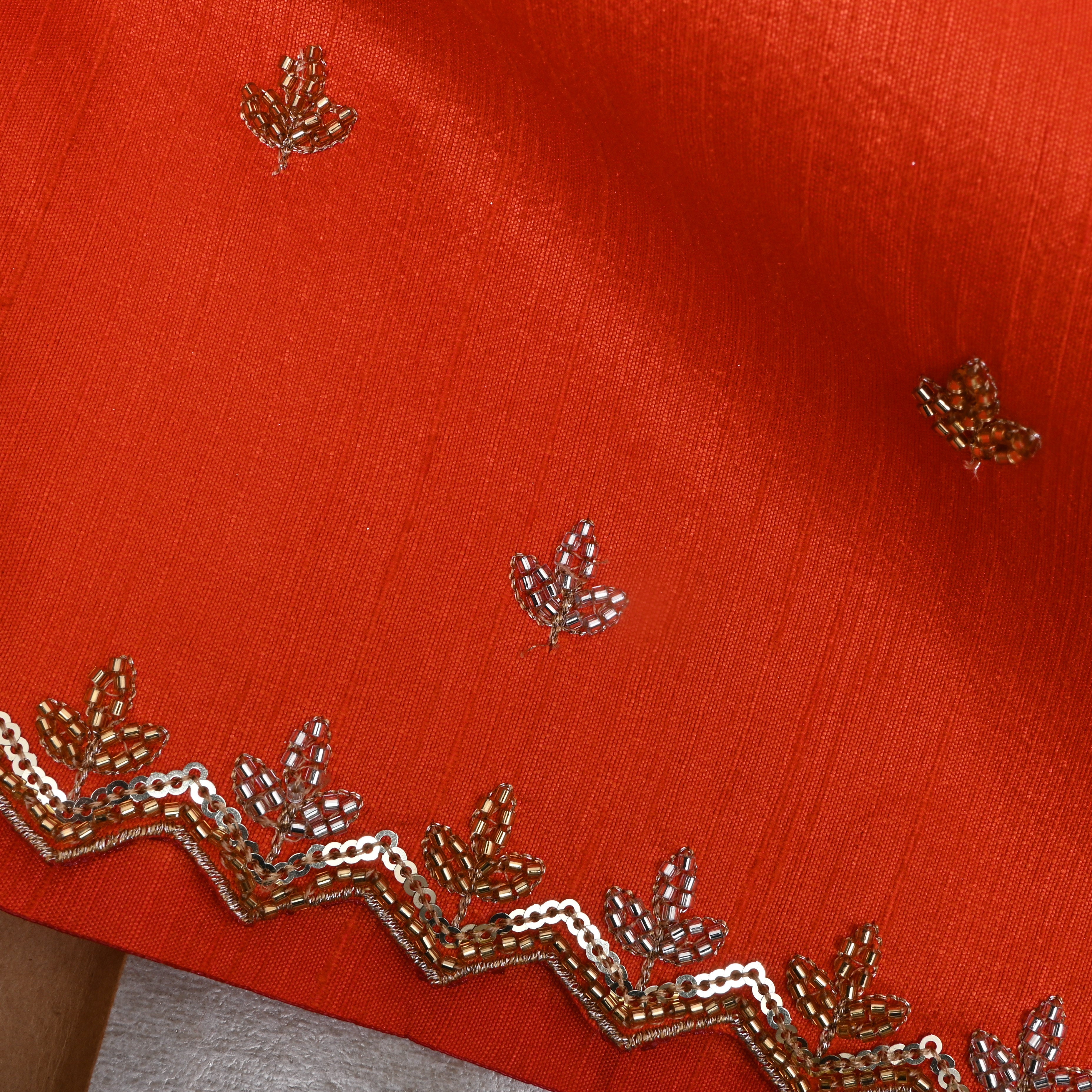 Bright Orange Floral Embroidered Dupion Silk Fabric