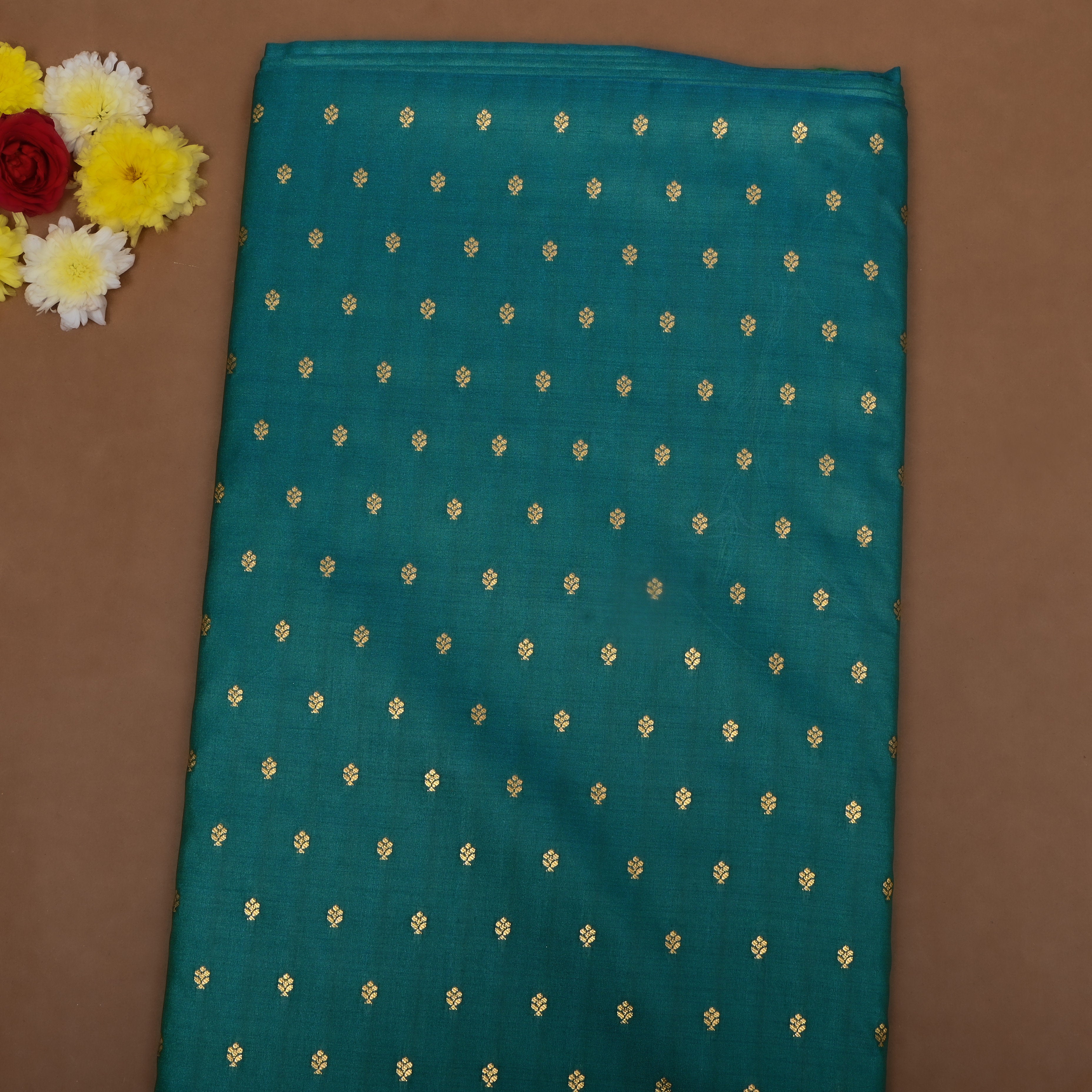 Teal Green Floral Jamawar Silk Fabric