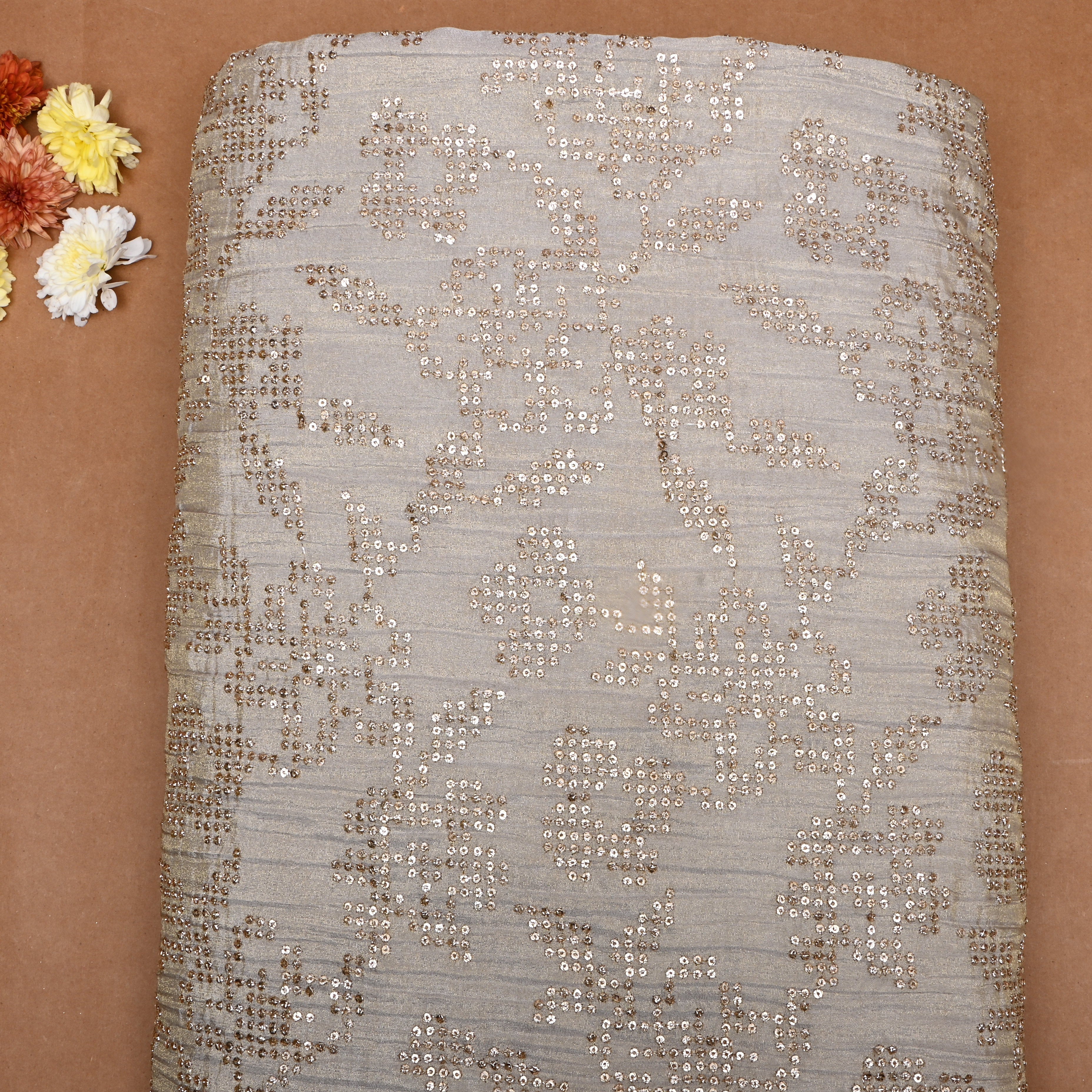 Sand Brown Sequin Embroidered Tissue Fabric