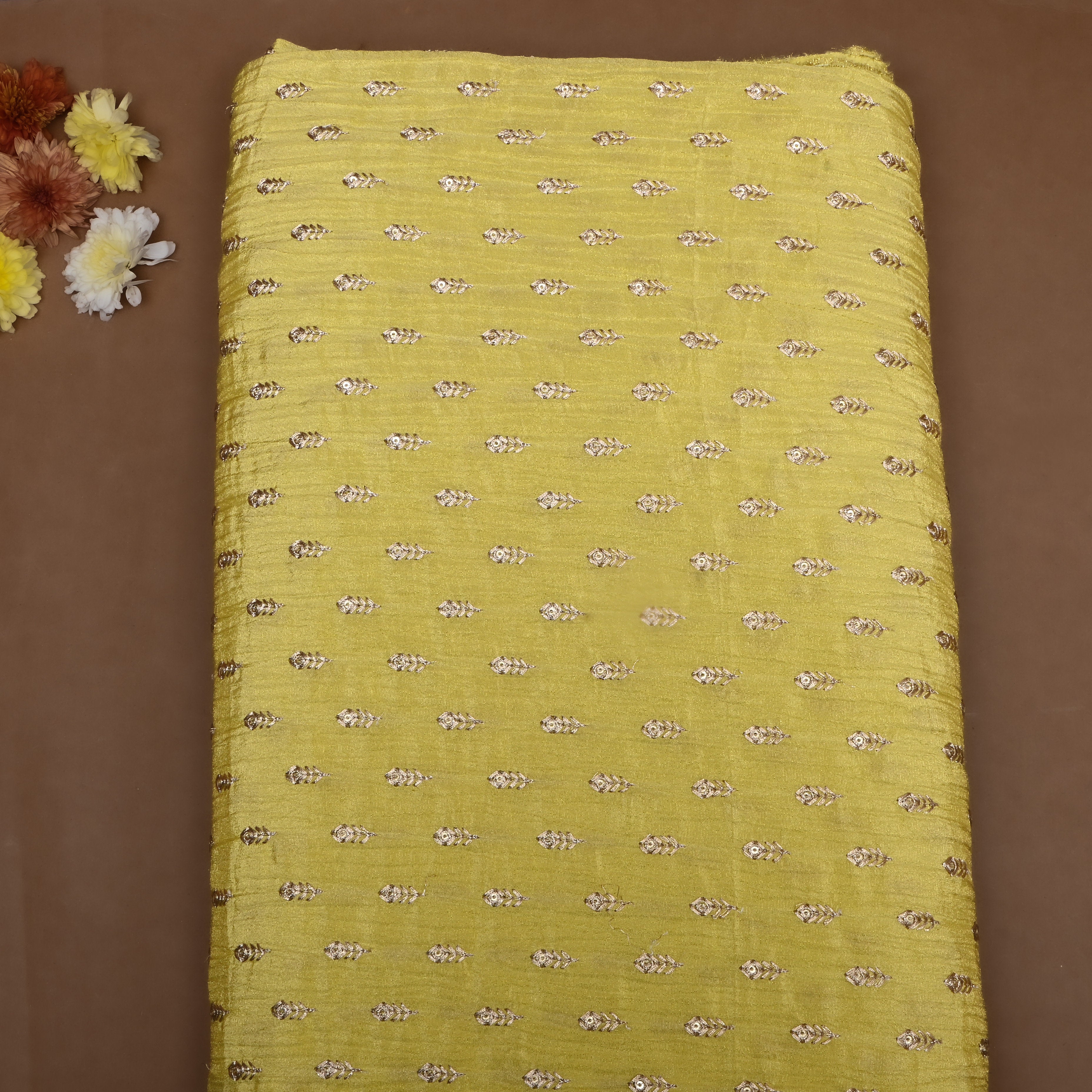Lime Yellow Zari Embroidery Tissue Fabric