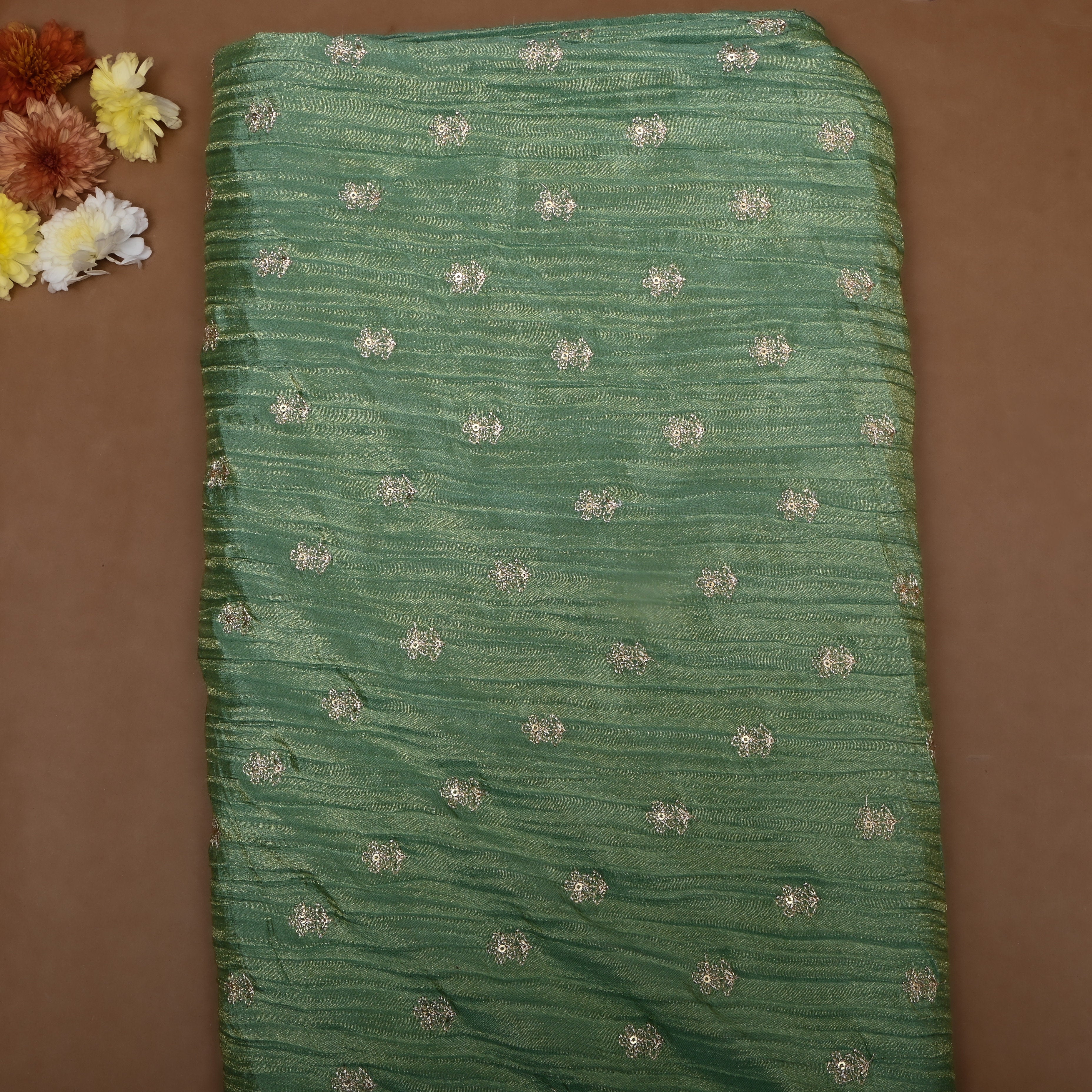 Moss Green Zari Embroidery Tissue Fabric