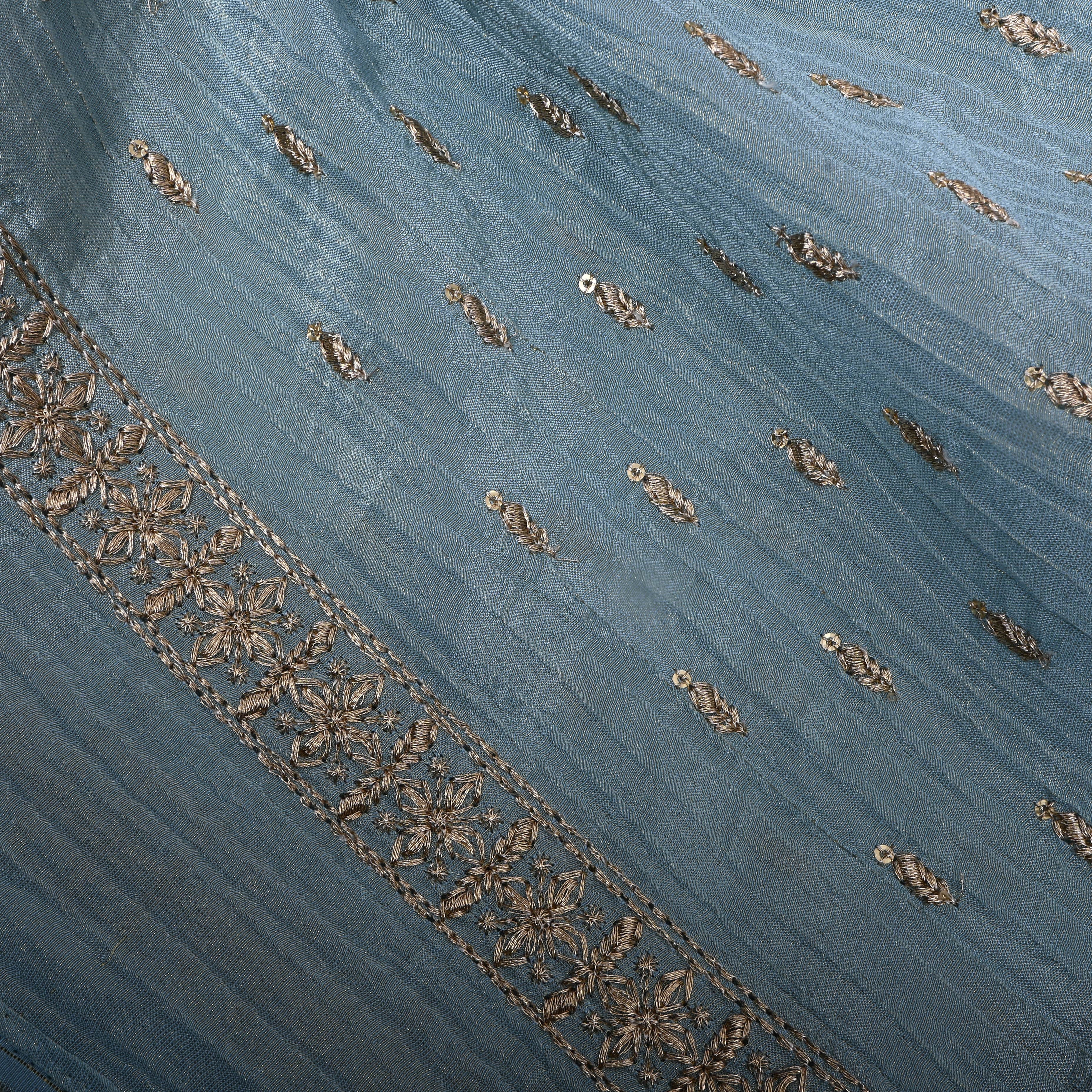 Pale Gray Zari Embroidery Tissue Fabric