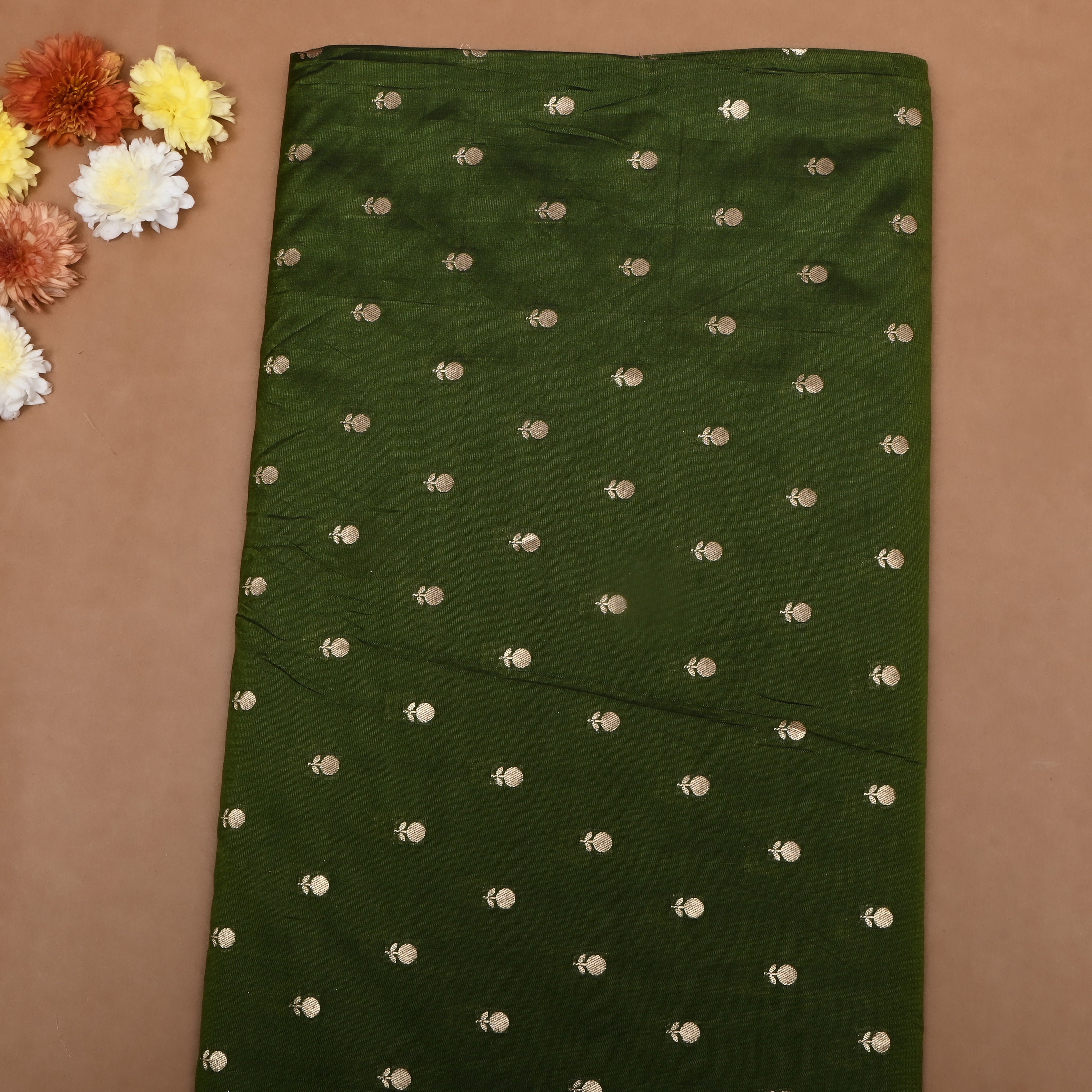 Bottle Green Floral Woven Jamawar Silk Fabric
