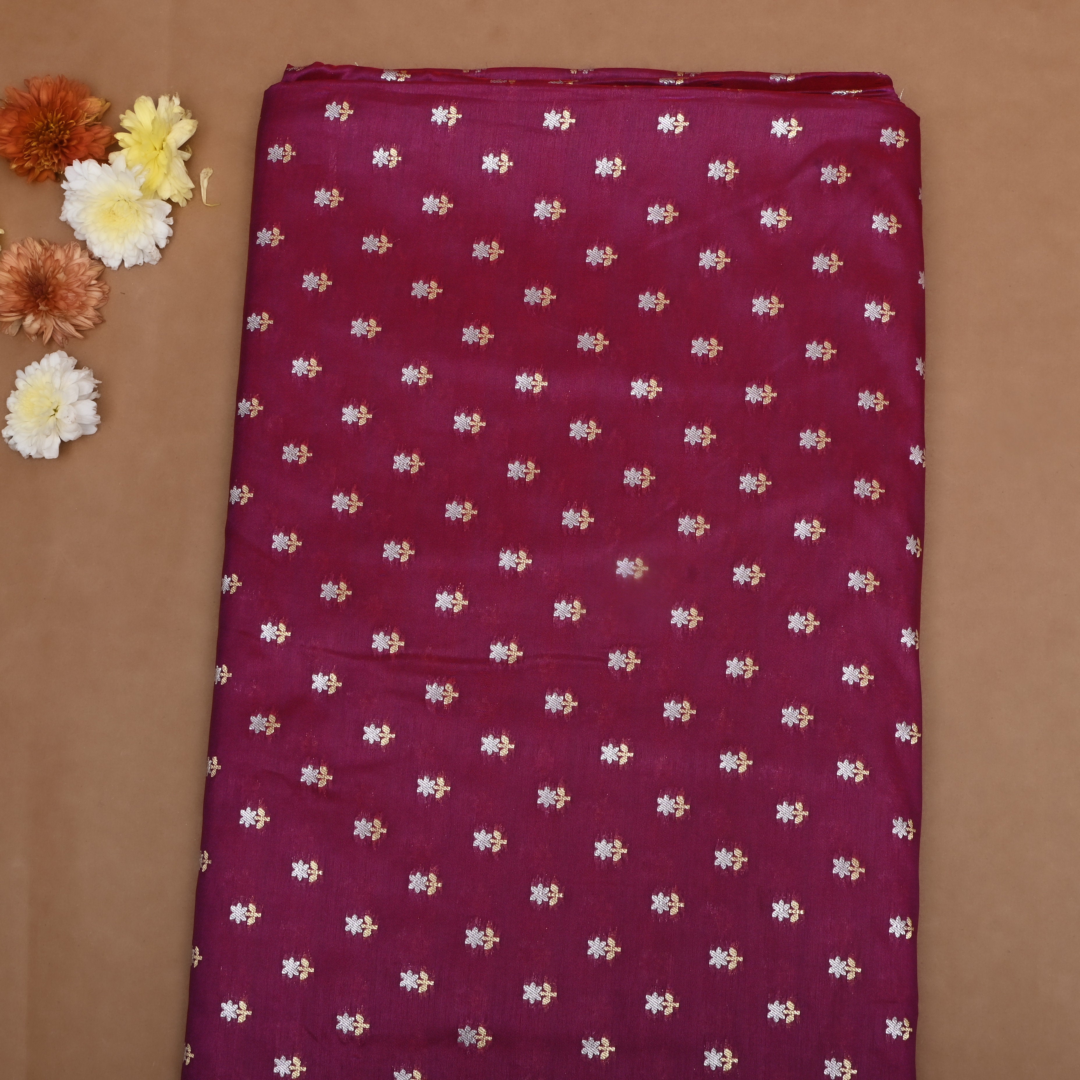 Berry Purple Floral Jamawar Silk Fabric