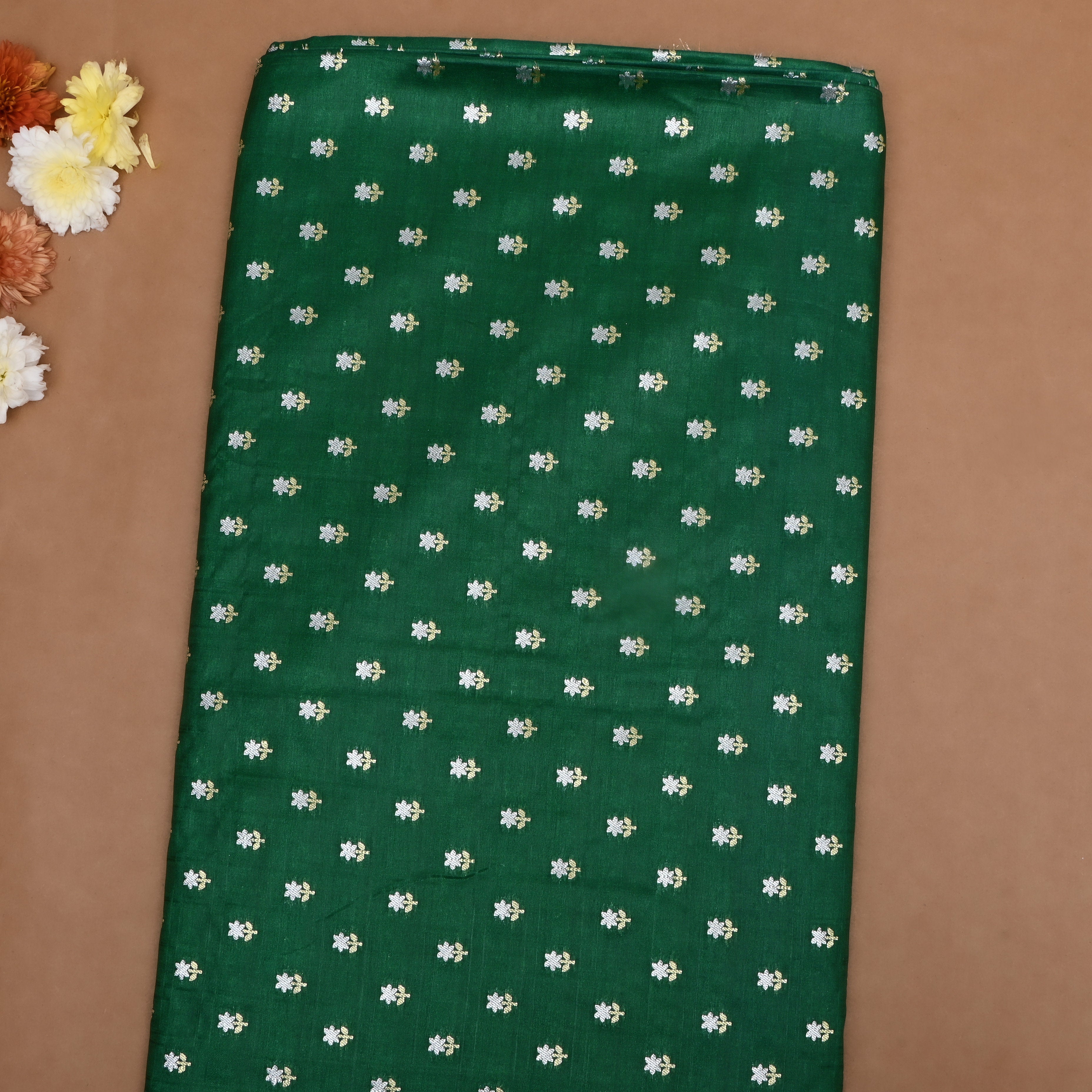 Teal Green Floral Jamawar Silk Fabric