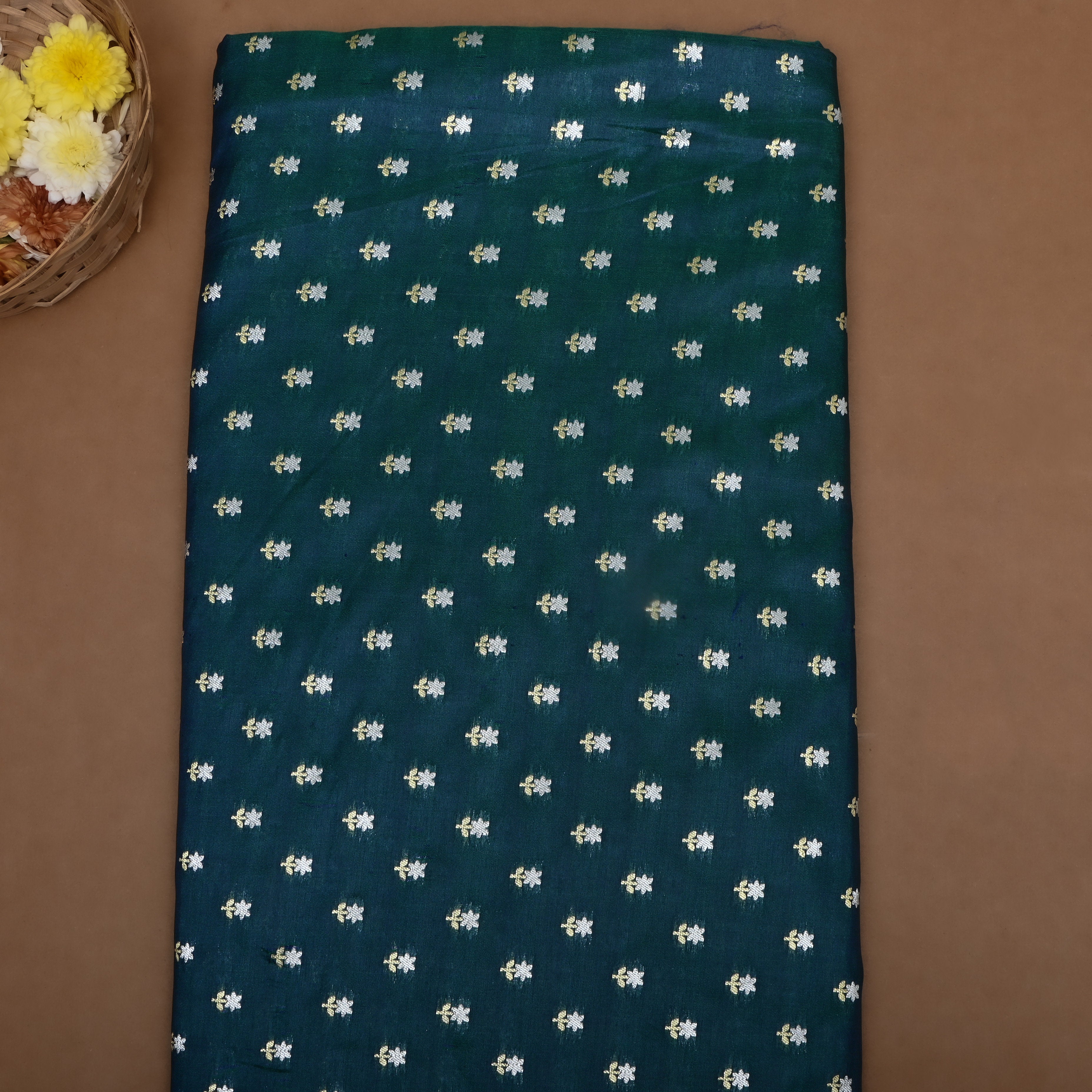 Teal Blue Floral Jamawar Silk Fabric