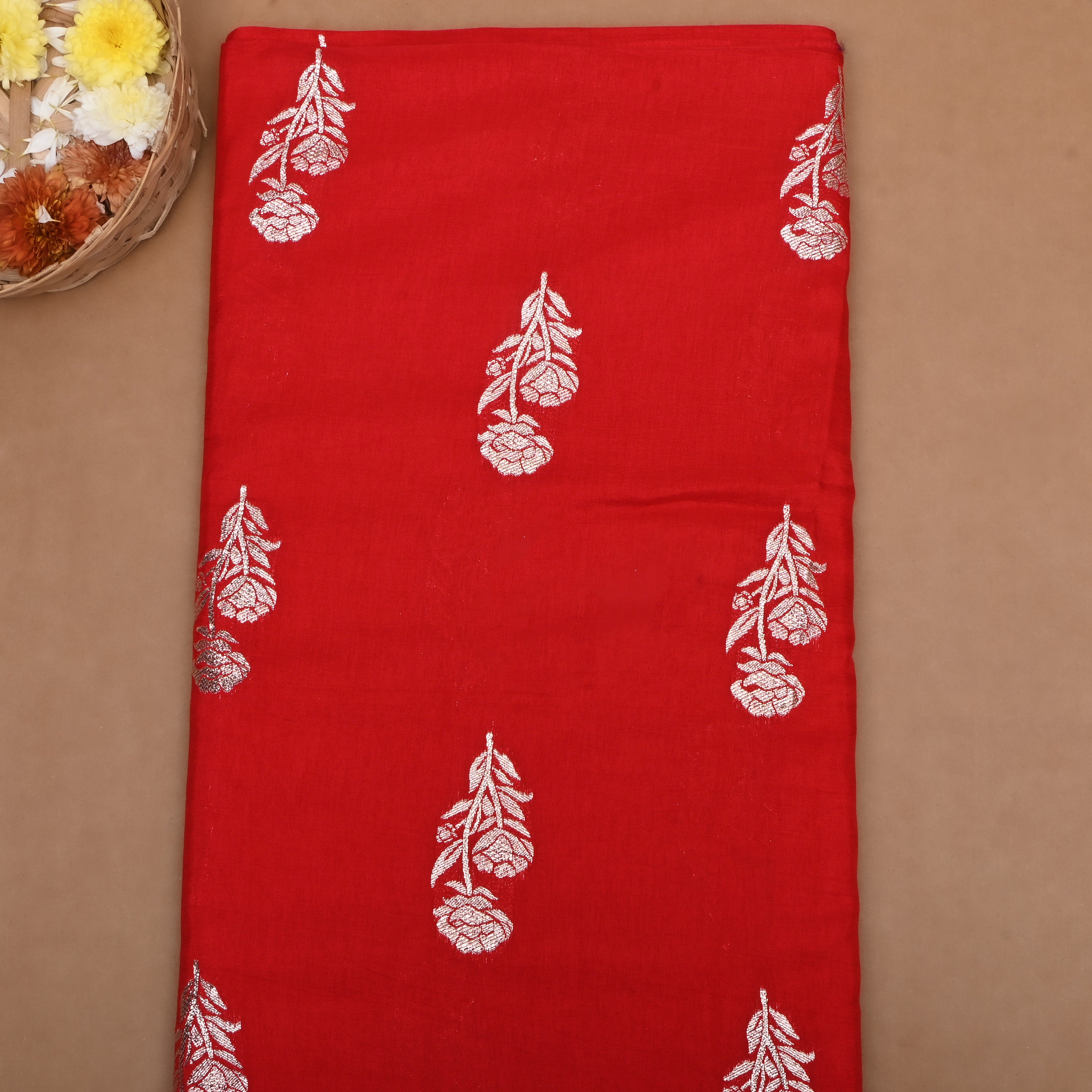 Water Melon Red Zari Floral Weave Silk Fabric