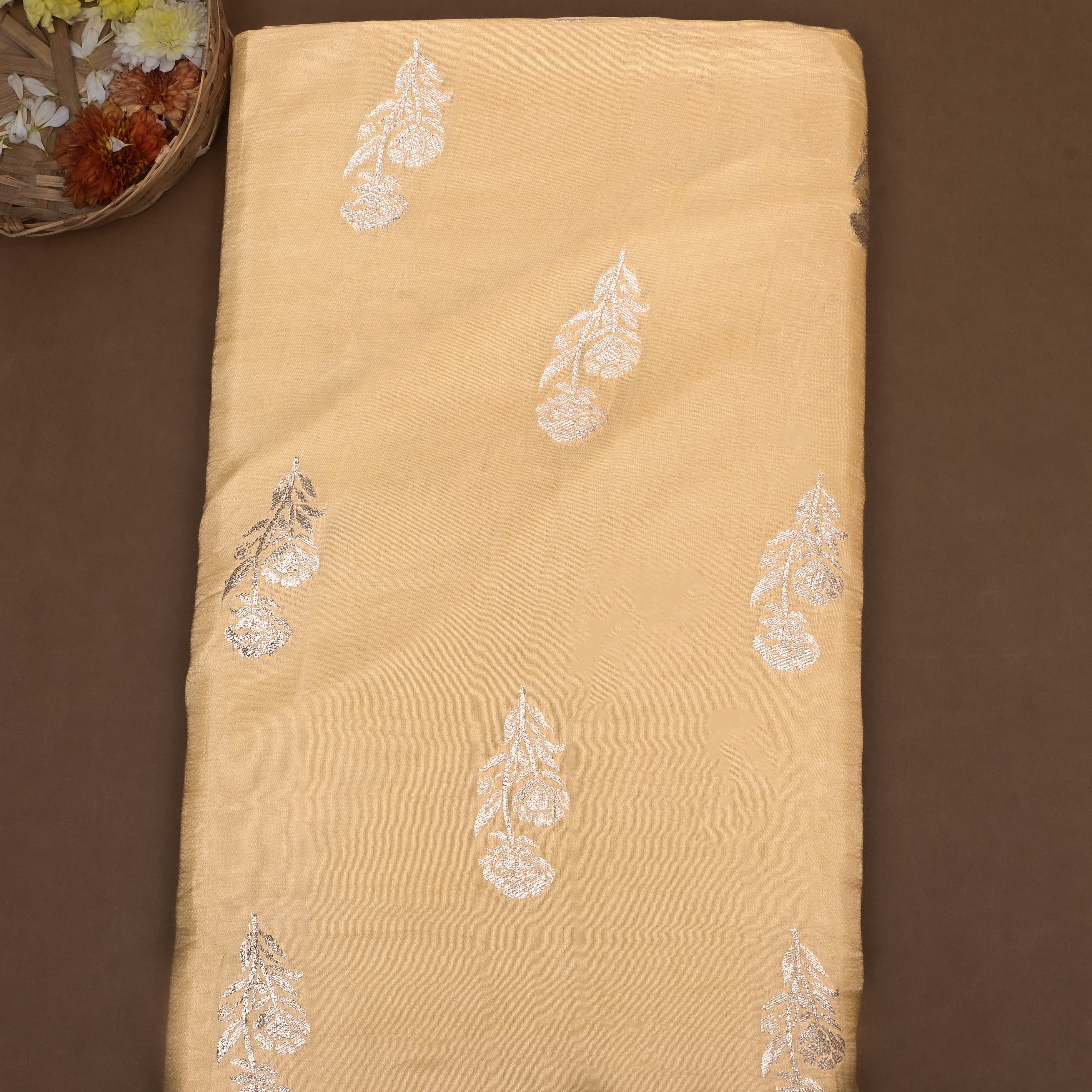 Peach Orange Zari Woven Silk Fabric