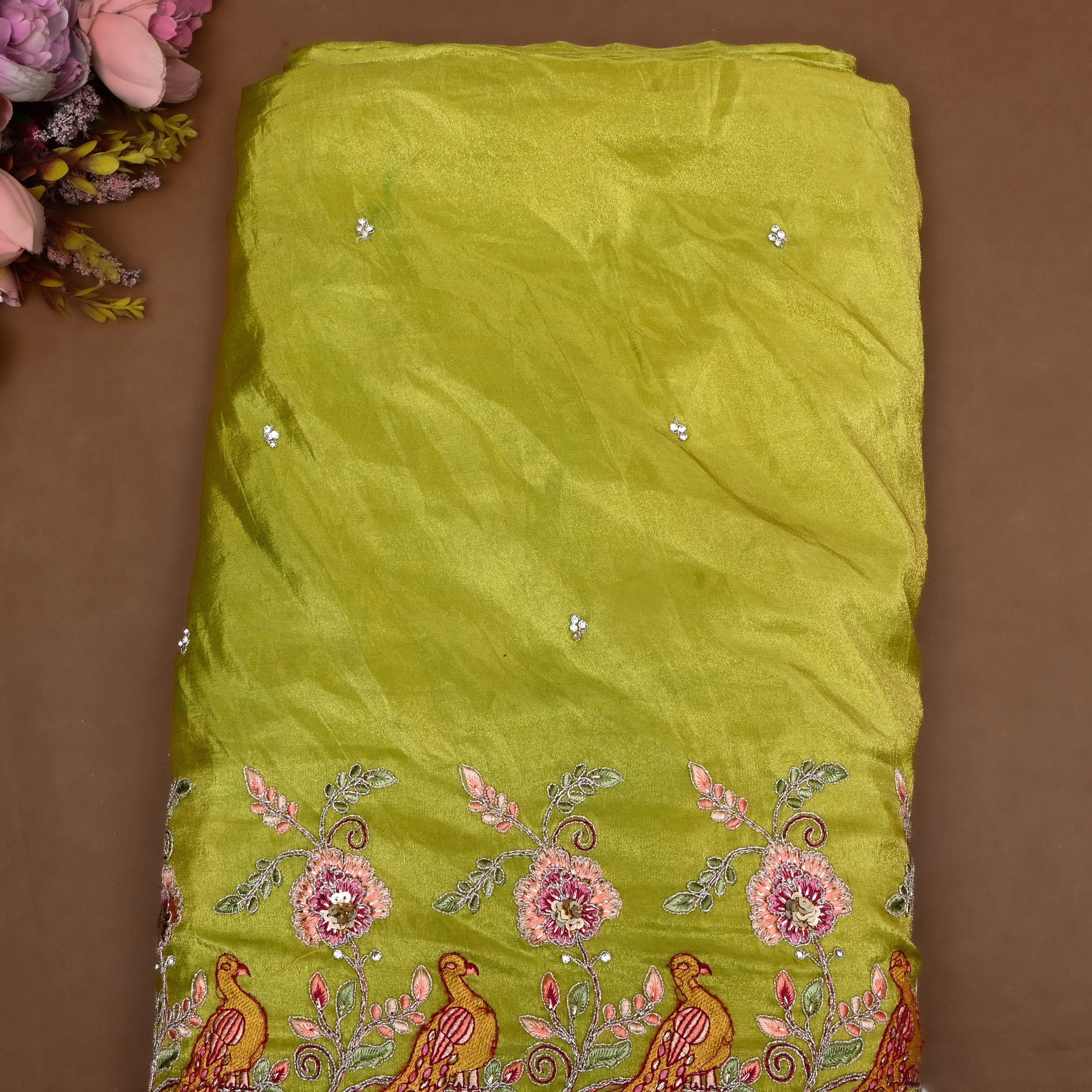 Lime Green Thread Embroidered Tissue Fabric