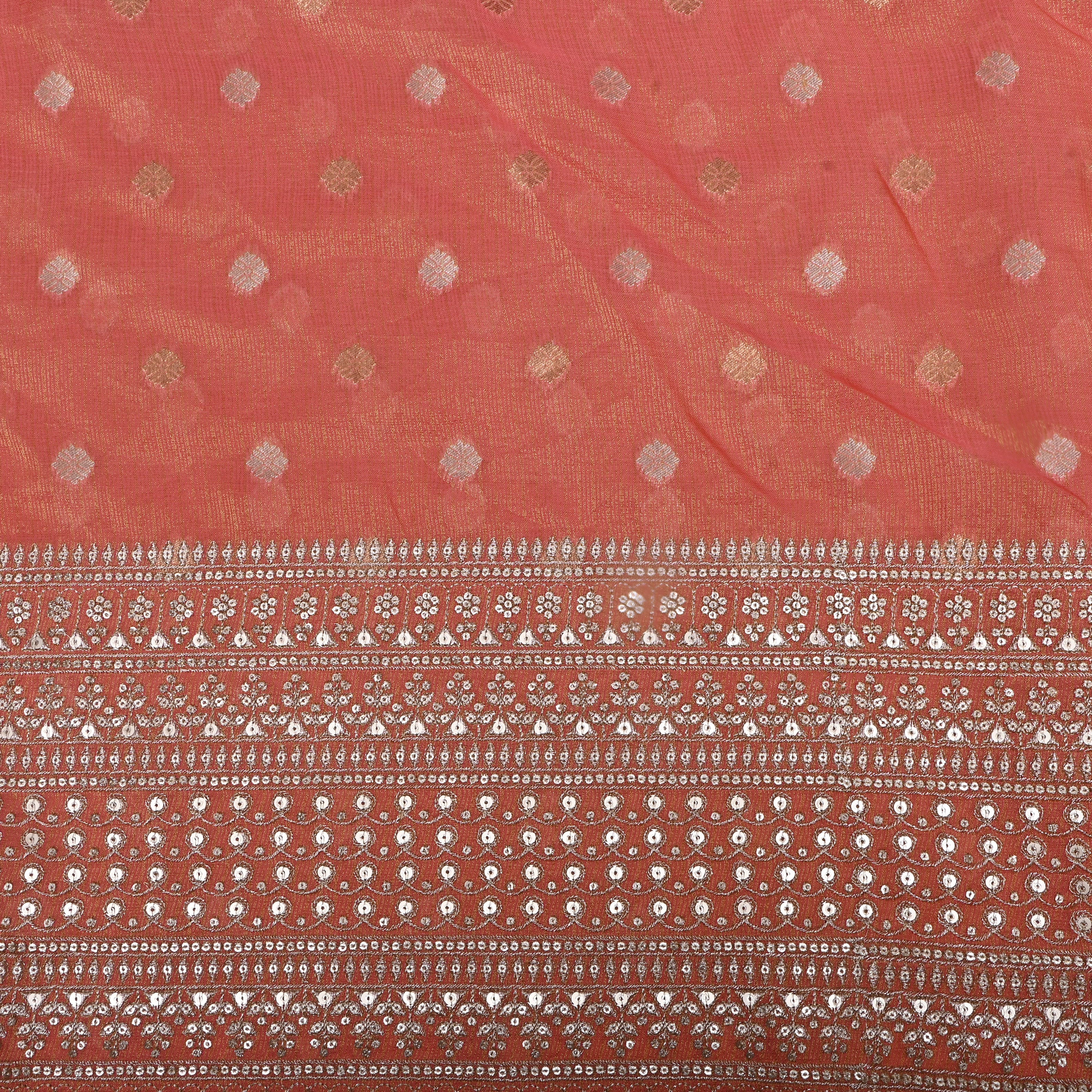 Orangish Pink Zari Weave Tissue Fabric