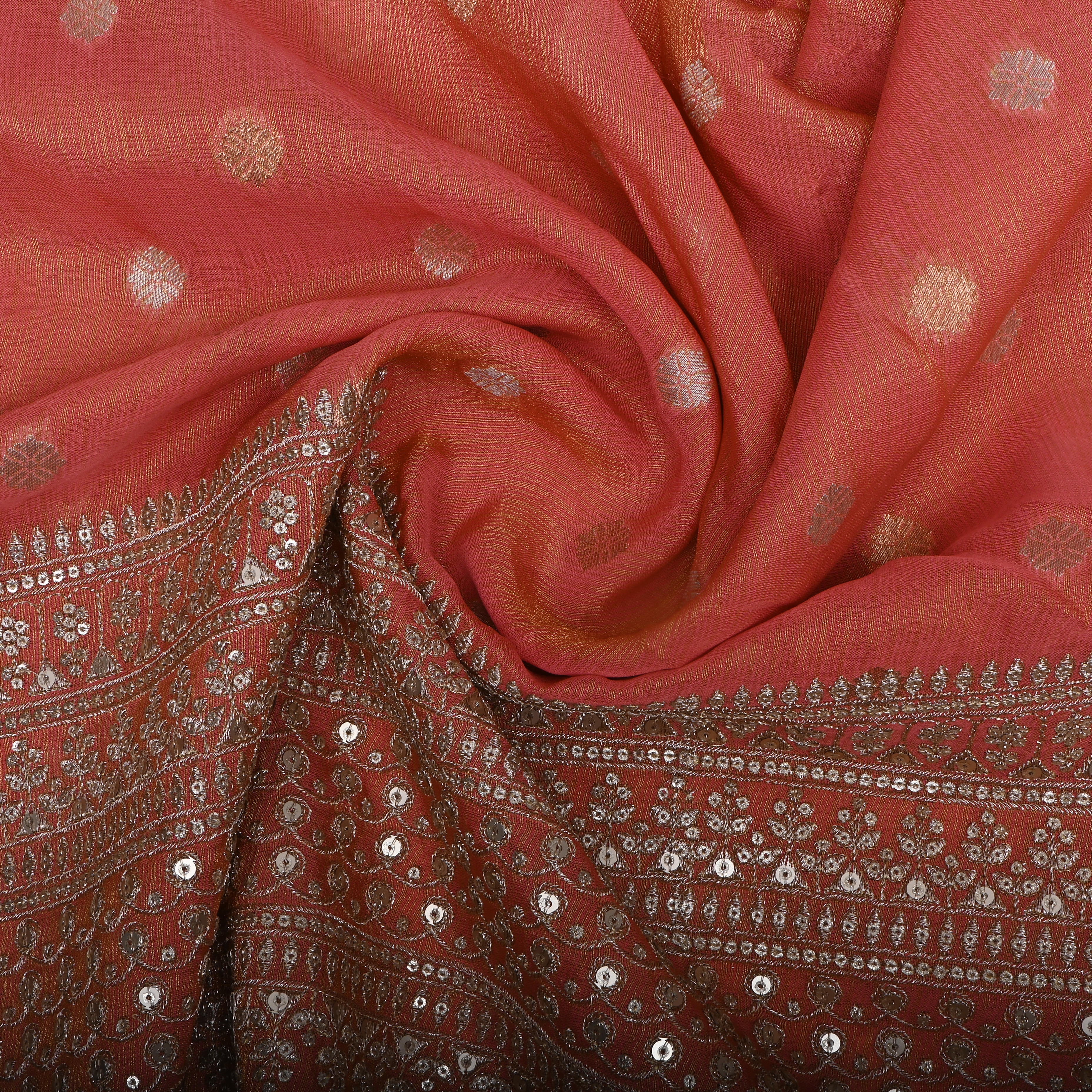 Orangish Pink Zari Weave Tissue Fabric