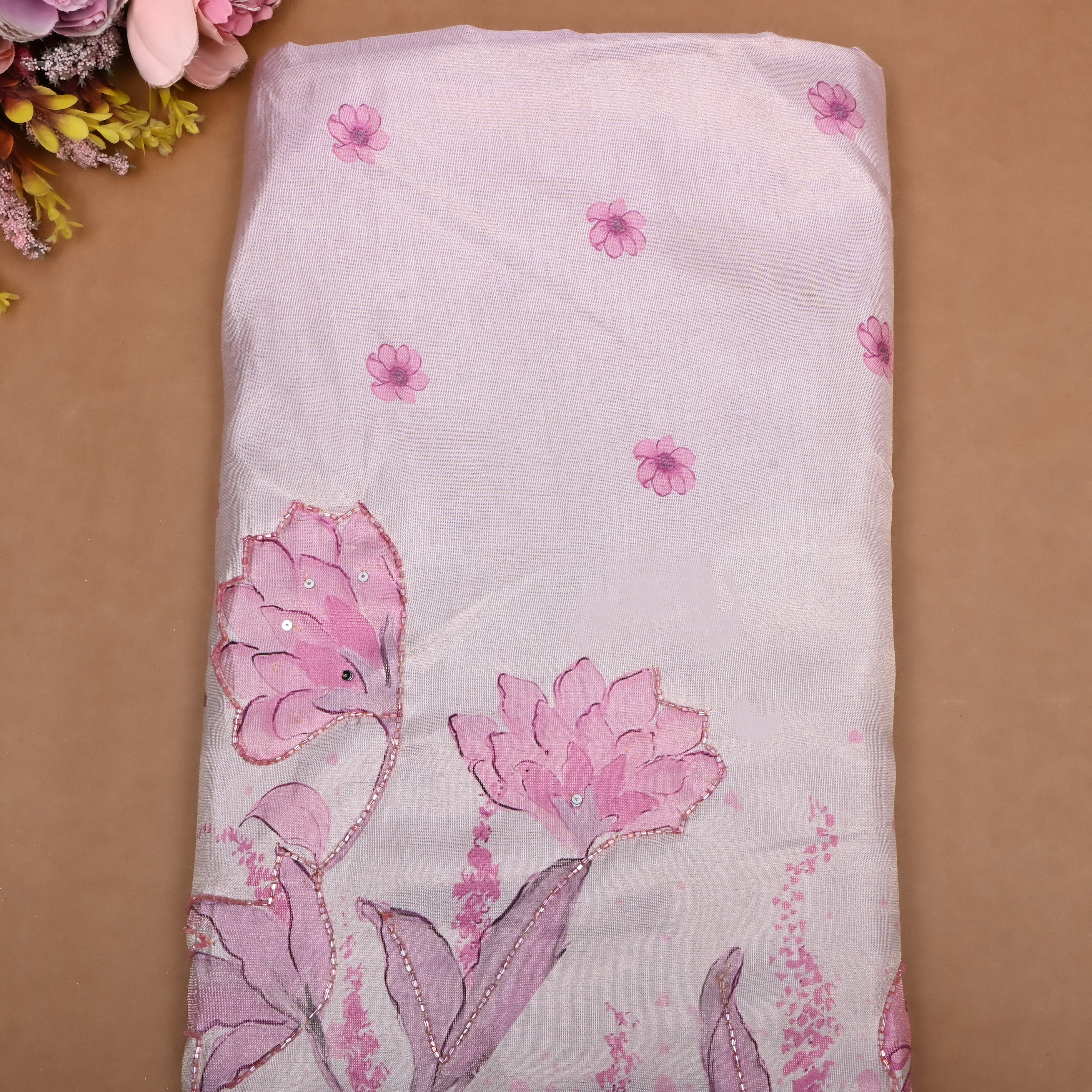 Soft Pink Floral Printed Tissue Fabric